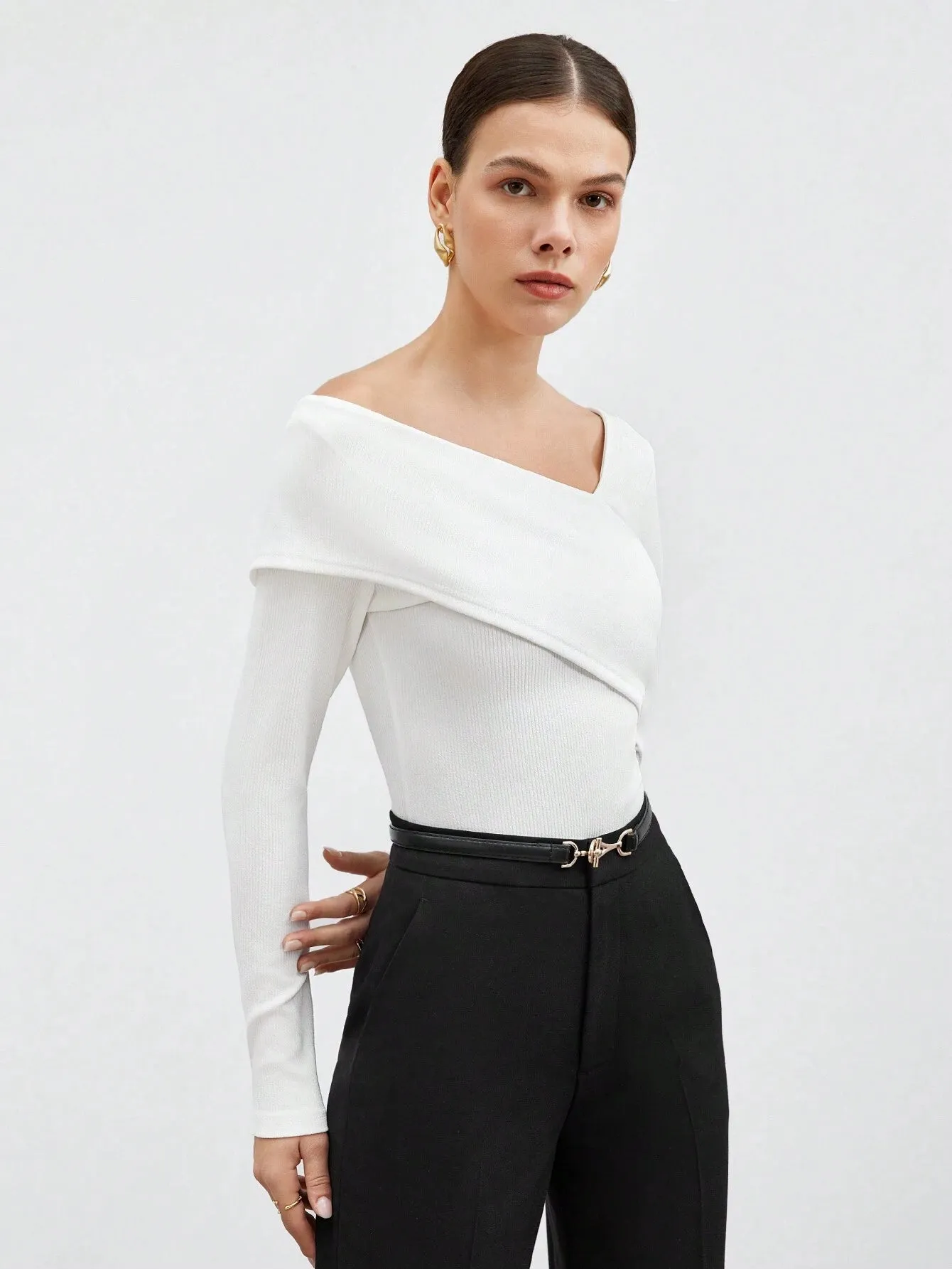 SHEIN BIZwear Women's Solid Color Asymmetric Neck Wrap T-Shirt