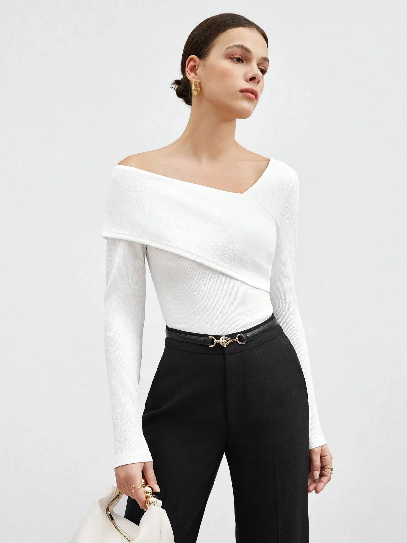 SHEIN BIZwear Women's Solid Color Asymmetric Neck Wrap T-Shirt