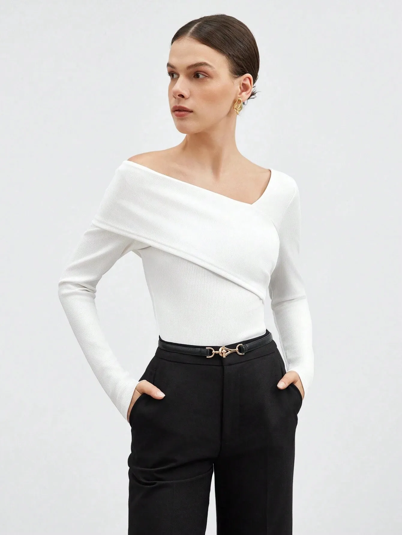 SHEIN BIZwear Women's Solid Color Asymmetric Neck Wrap T-Shirt