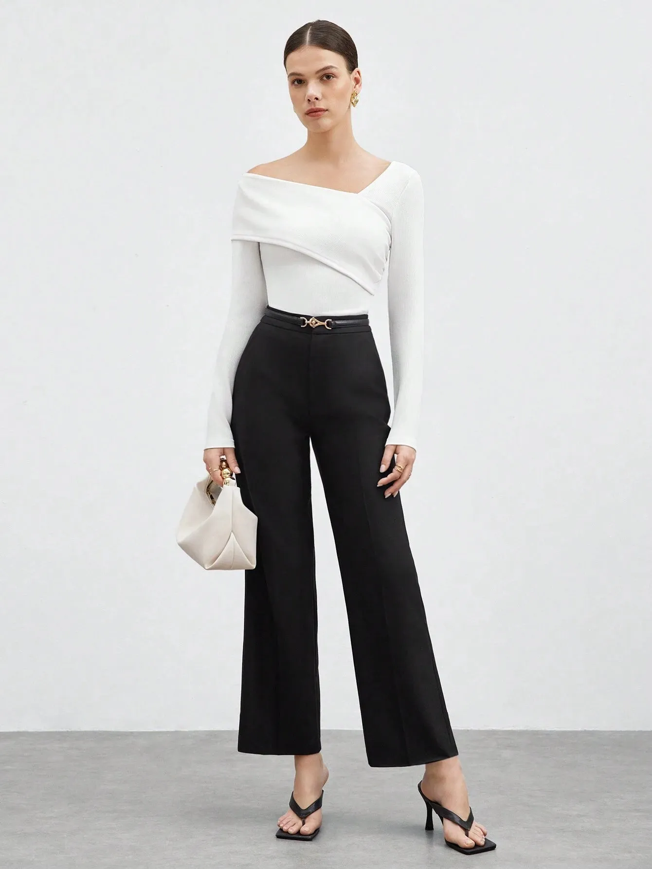 SHEIN BIZwear Women's Solid Color Asymmetric Neck Wrap T-Shirt