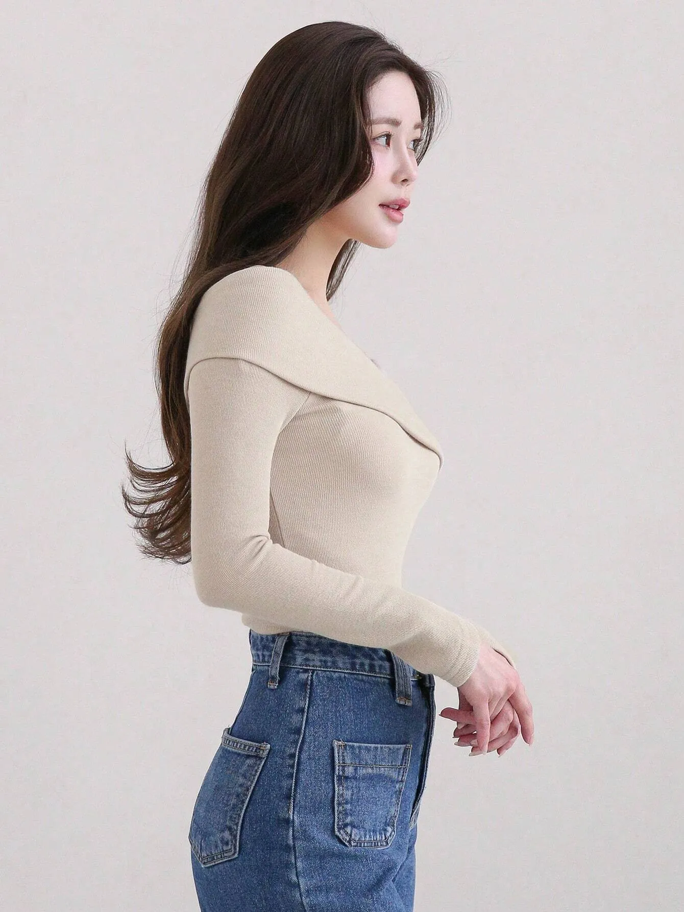 SHEIN DAZY Women's Solid Color Lapel Off-Shoulder Elegant Mid-Length T-Shirt, Autumn