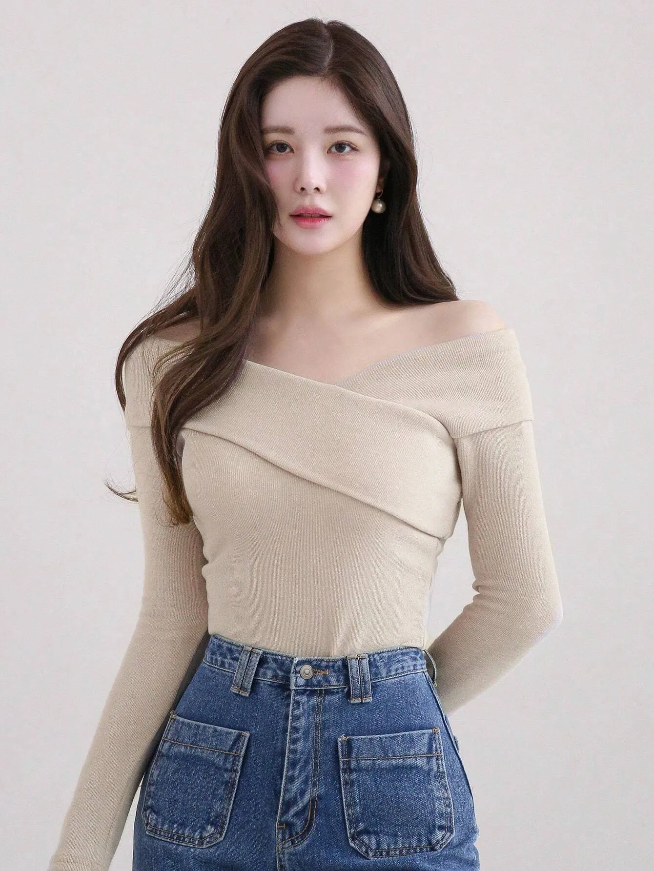 SHEIN DAZY Women's Solid Color Lapel Off-Shoulder Elegant Mid-Length T-Shirt, Autumn