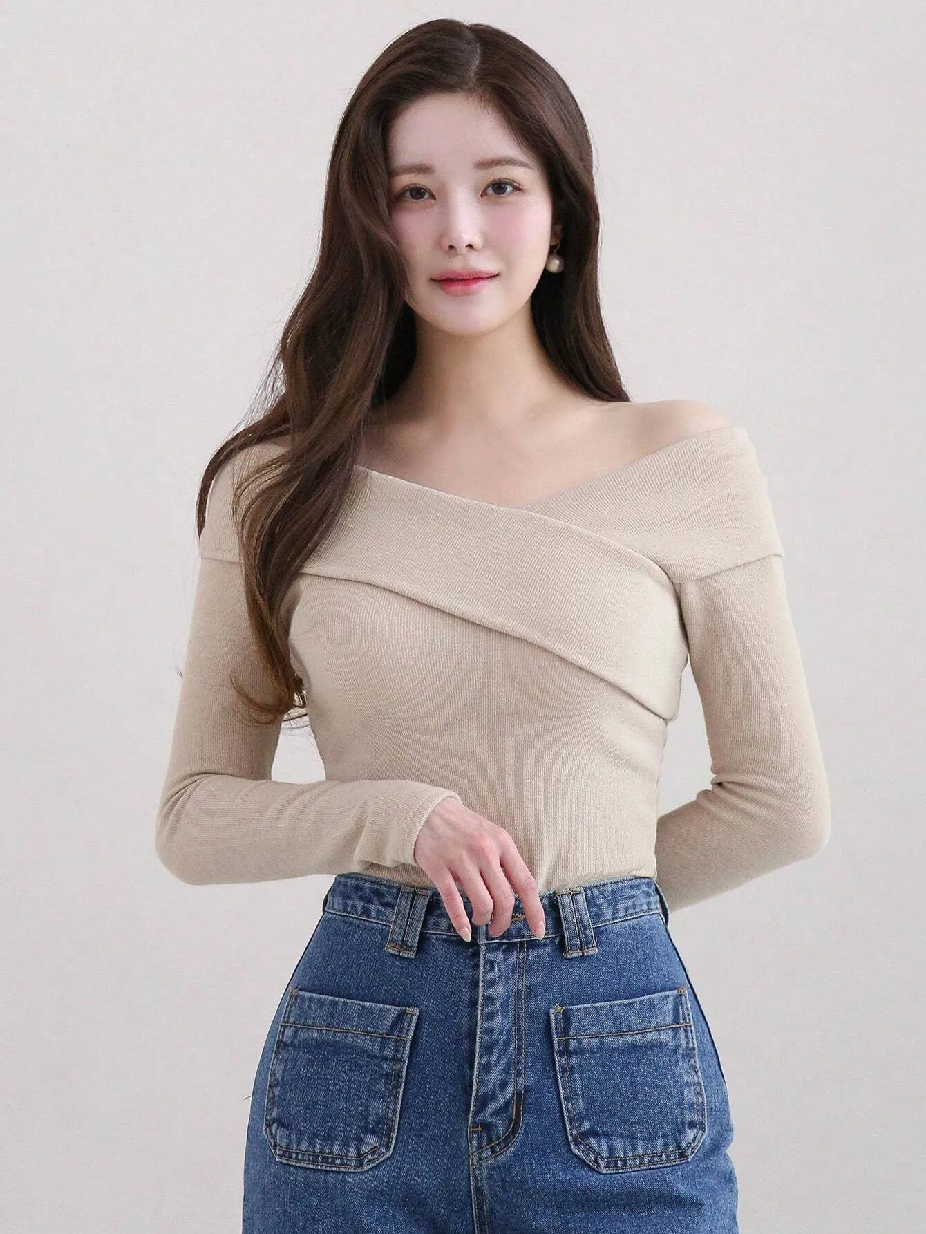 SHEIN DAZY Women's Solid Color Lapel Off-Shoulder Elegant Mid-Length T-Shirt, Autumn