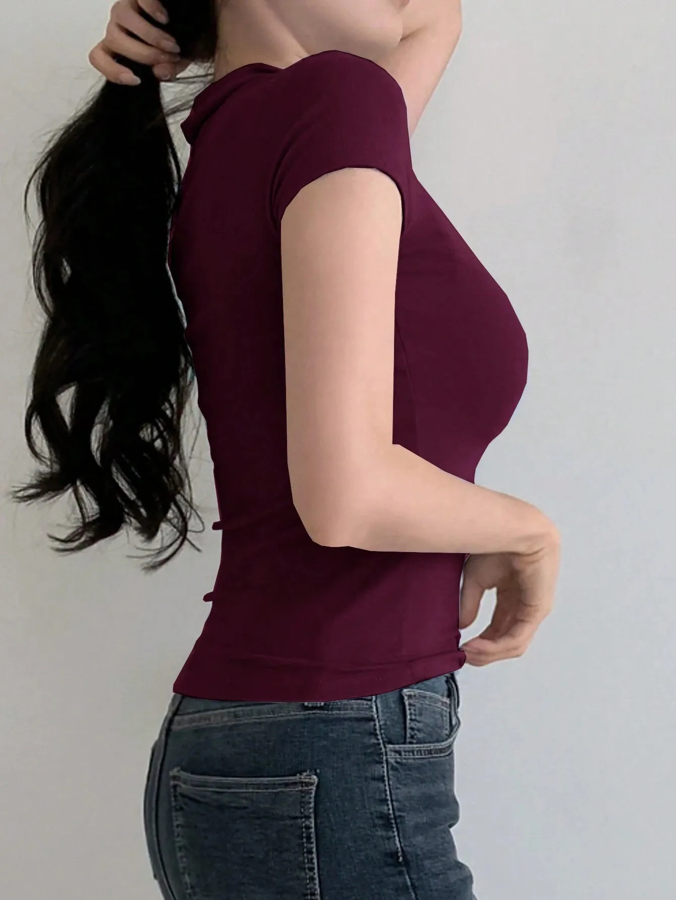 SHEIN DAZY Women's Solid Color Lapel Short Sleeve V-Neck Simple Tight Polo Neck T-Shirt