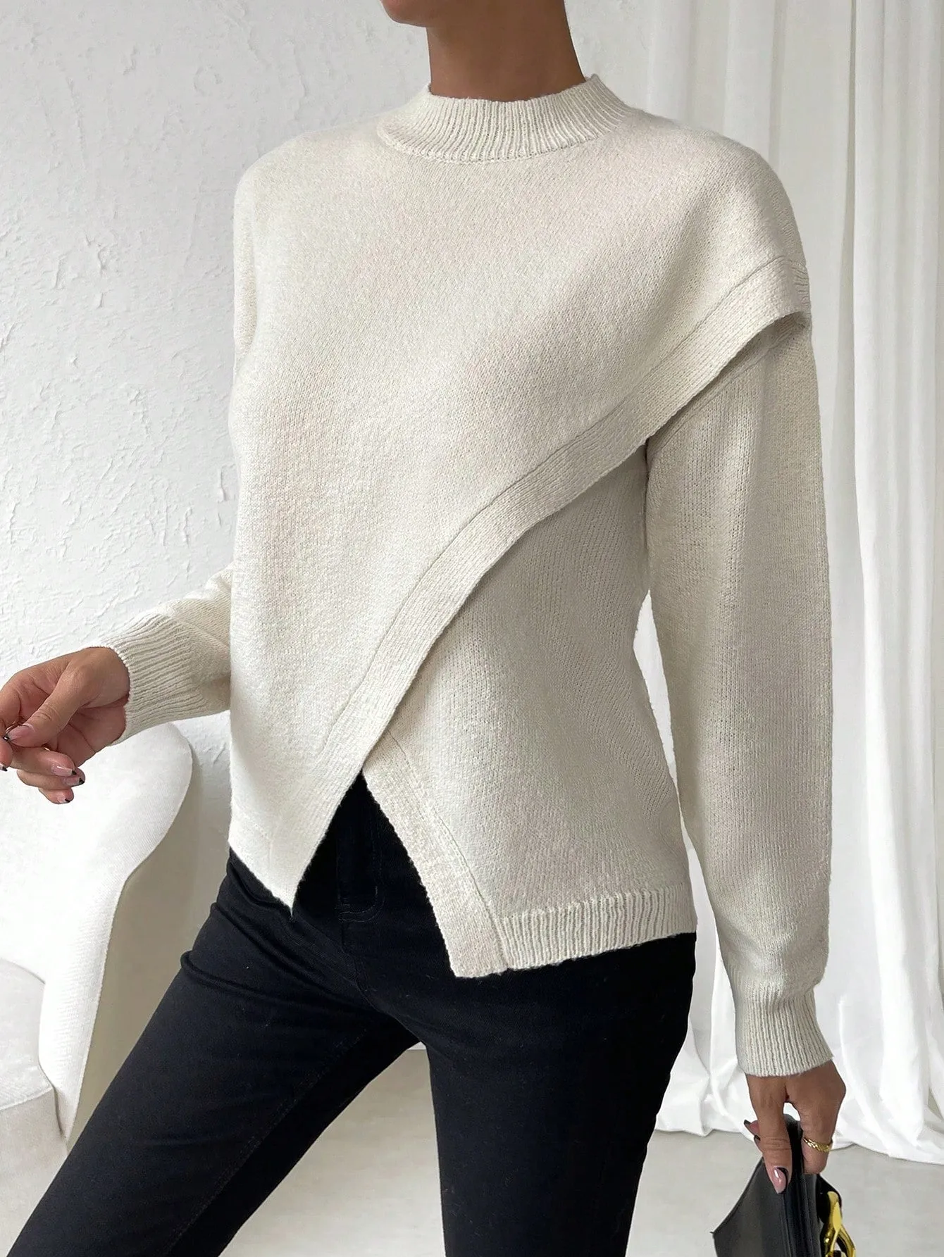 SHEIN LUNE Solid Drop Shoulder Wrap Detail Sweater