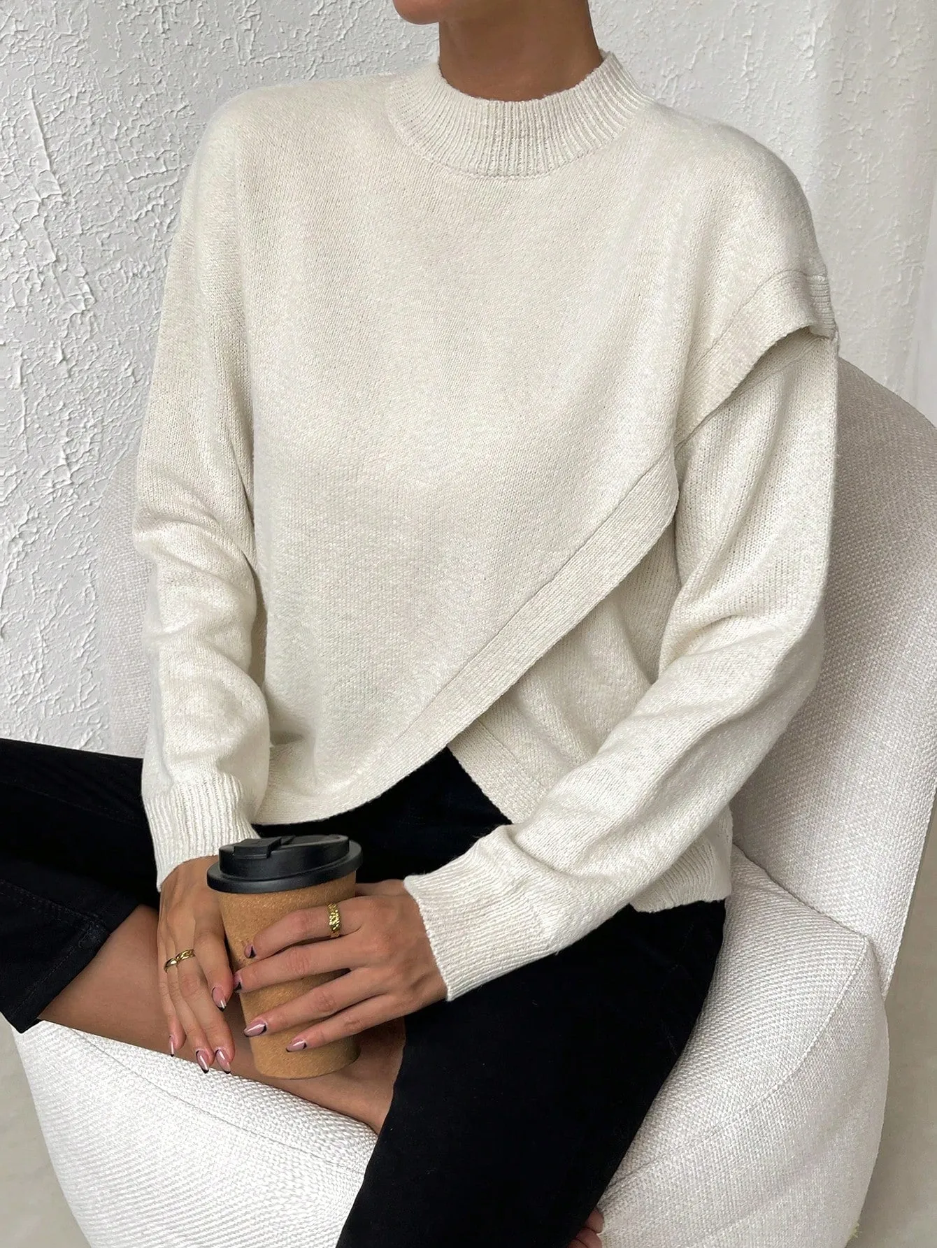 SHEIN LUNE Solid Drop Shoulder Wrap Detail Sweater