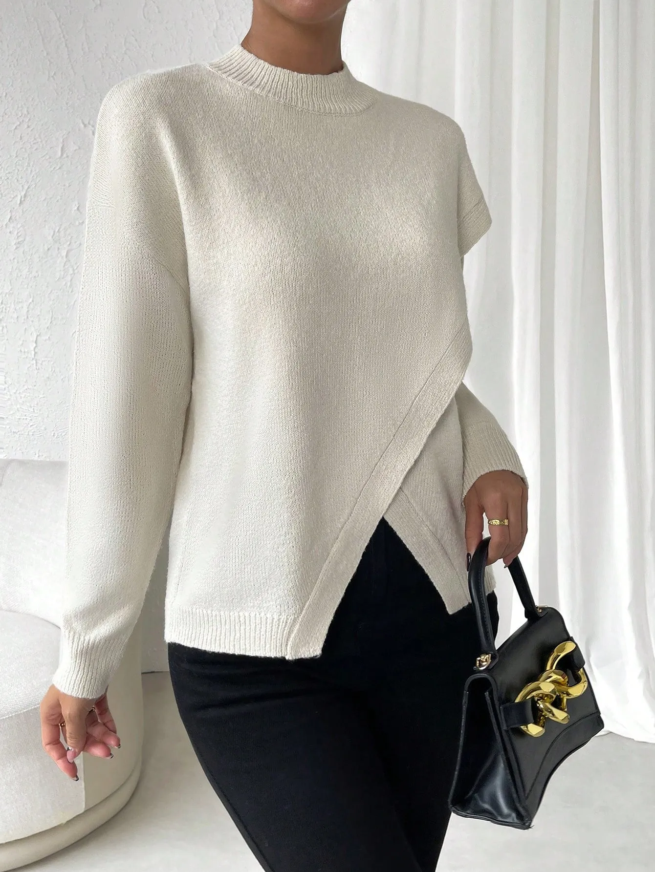 SHEIN LUNE Solid Drop Shoulder Wrap Detail Sweater