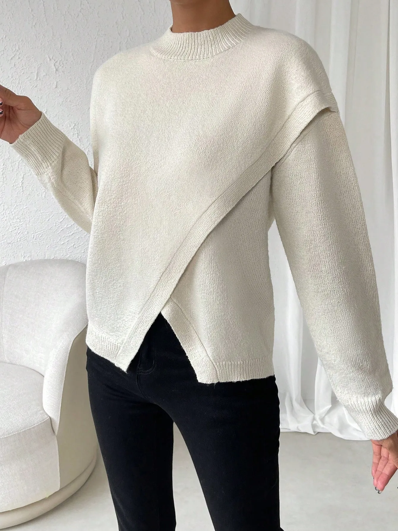 SHEIN LUNE Solid Drop Shoulder Wrap Detail Sweater