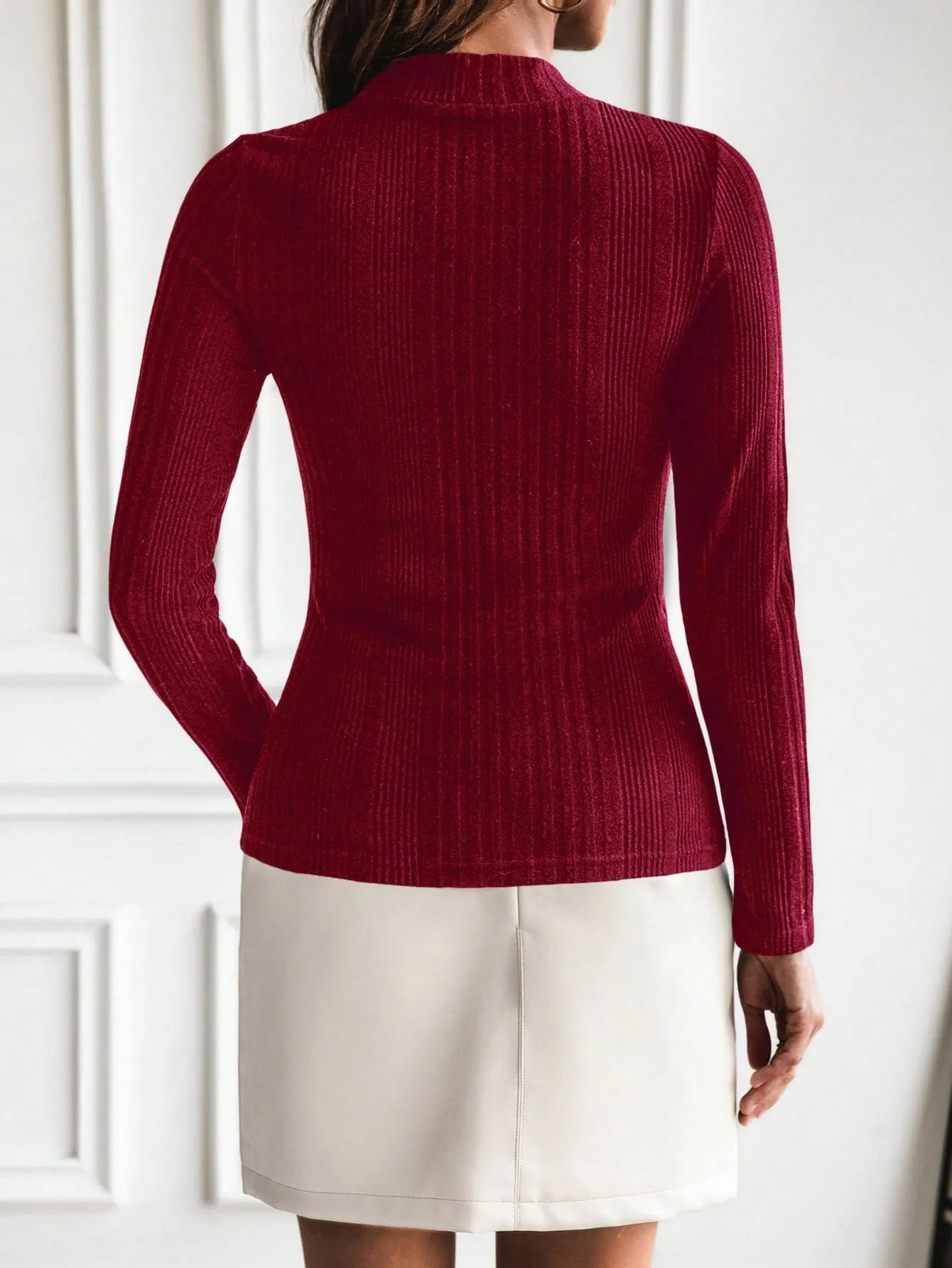 SHEIN LUNE Women Solid Color Stand Collar Long Sleeve Button Decor Slim Fit Ribbed Knit Top