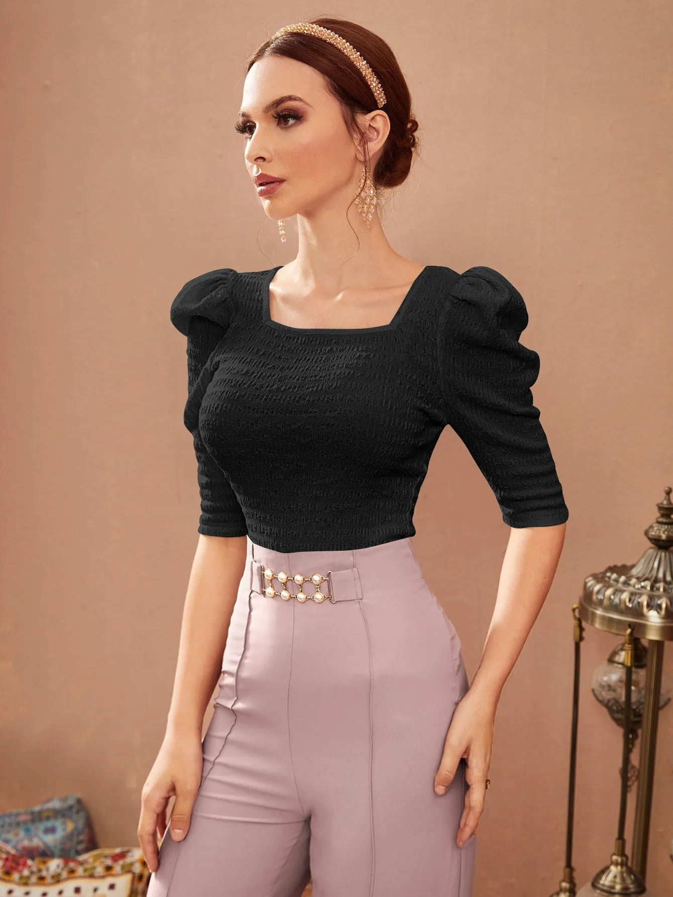 SHEIN Mulvari Puff Sleeve Square Neck Tee