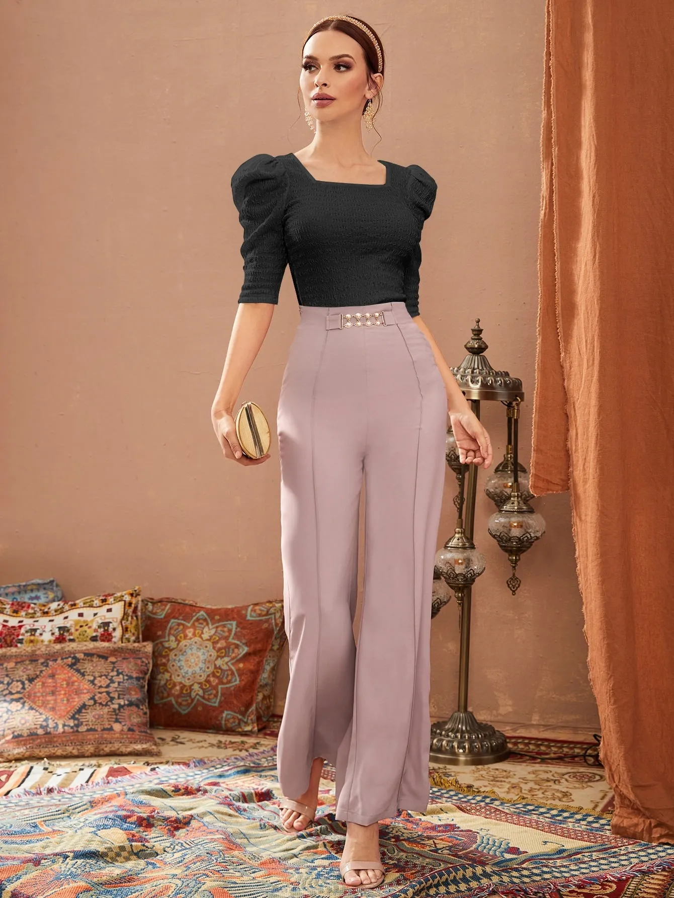 SHEIN Mulvari Puff Sleeve Square Neck Tee