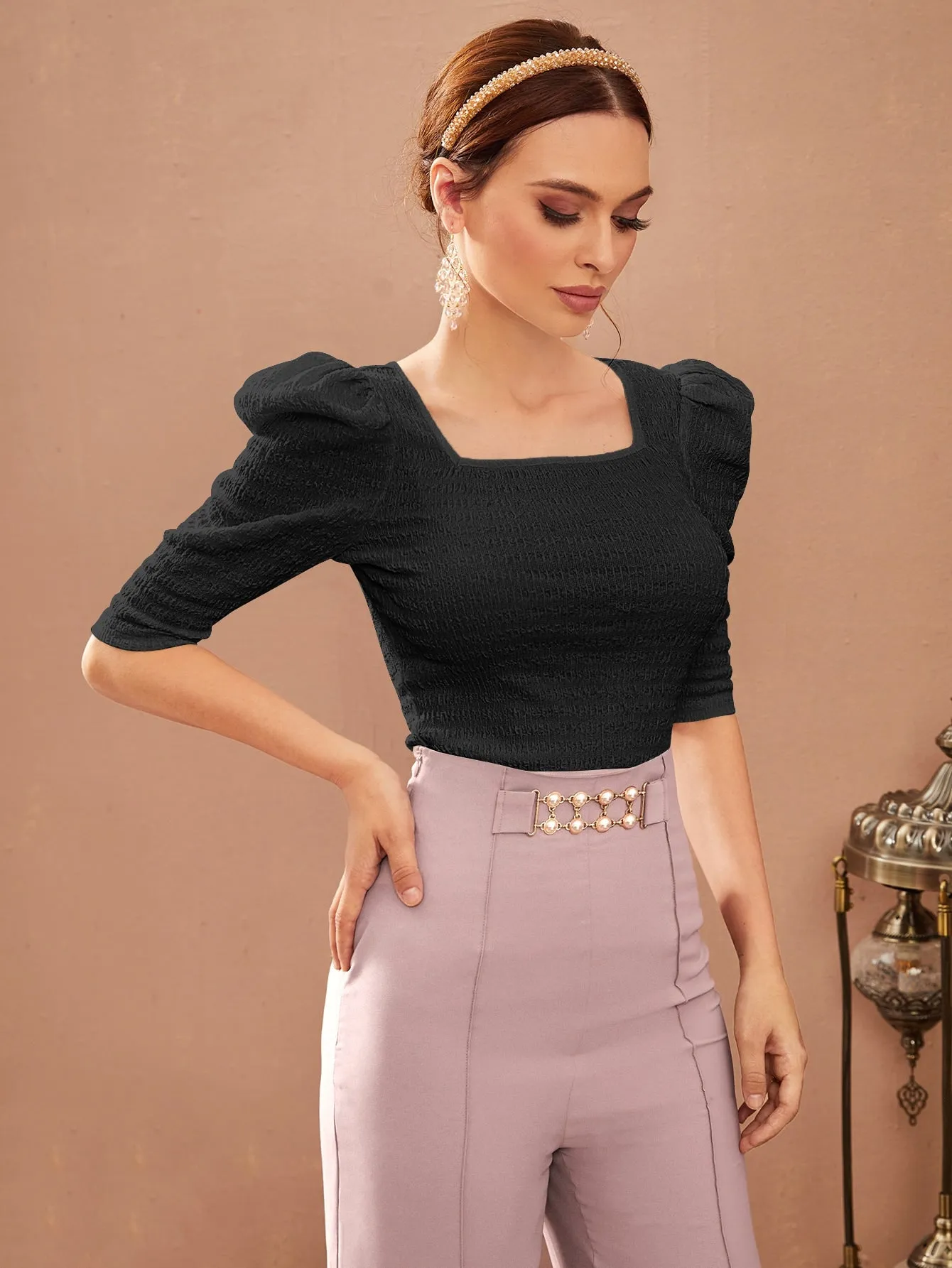 SHEIN Mulvari Puff Sleeve Square Neck Tee