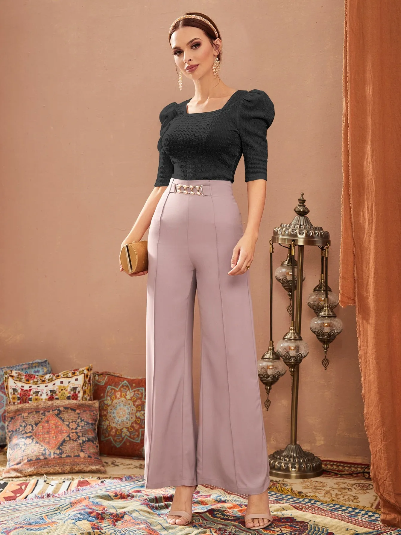SHEIN Mulvari Puff Sleeve Square Neck Tee