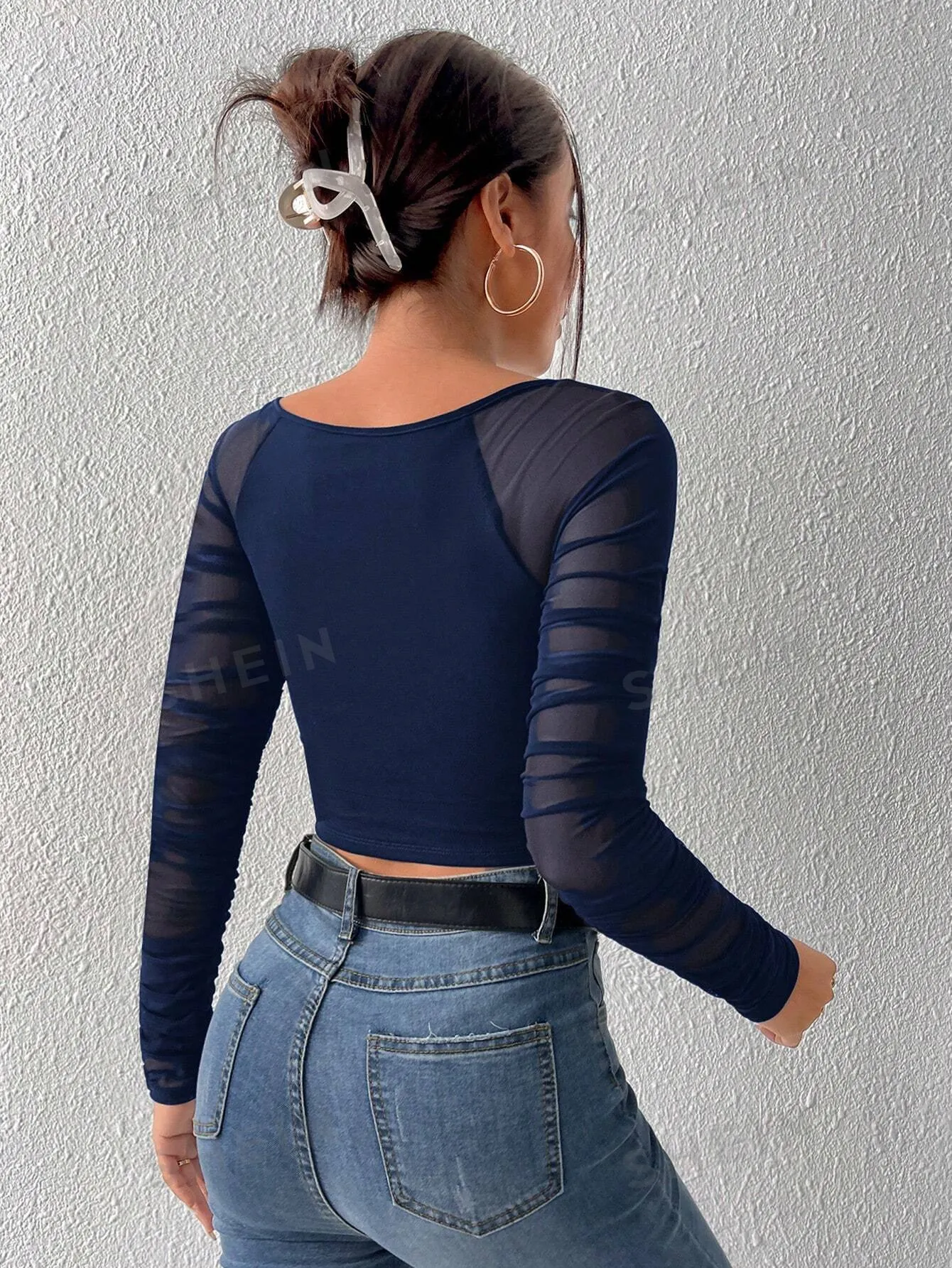 SHEIN Priv̩ Knitted Mesh Long Sleeve Top