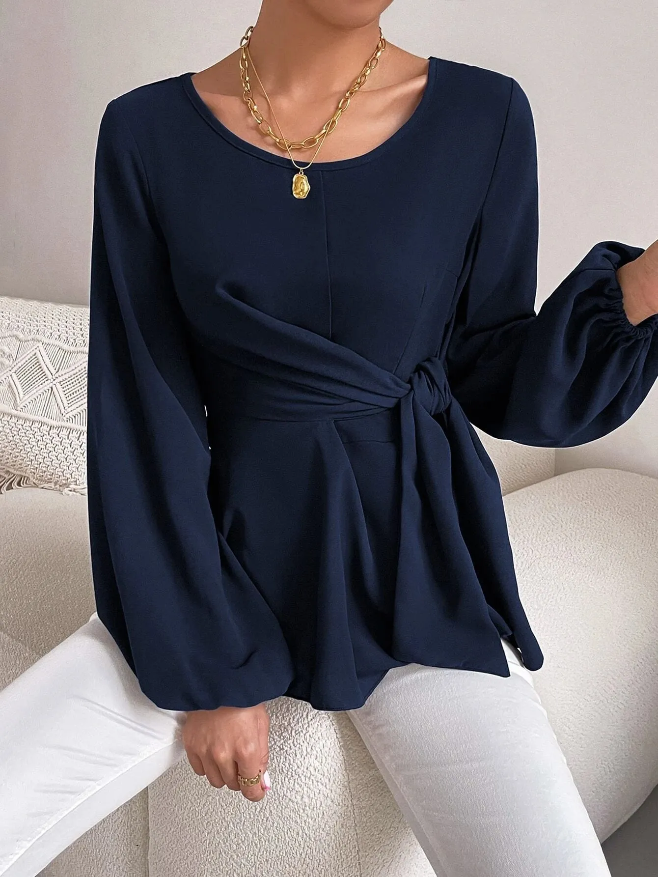 SHEIN Priv̩ Lantern Sleeve Tie Front Peplum Blouse