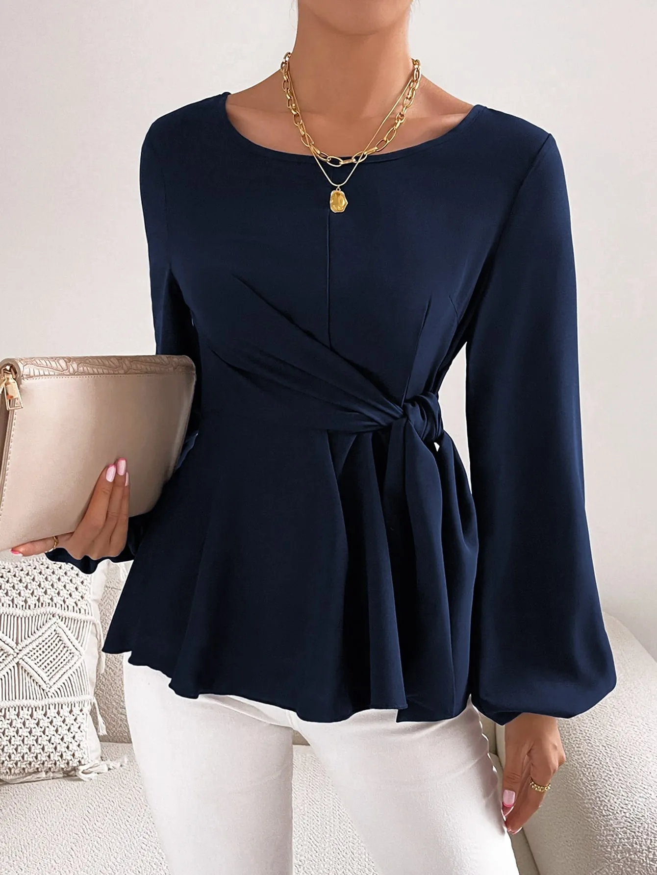 SHEIN Priv̩ Lantern Sleeve Tie Front Peplum Blouse