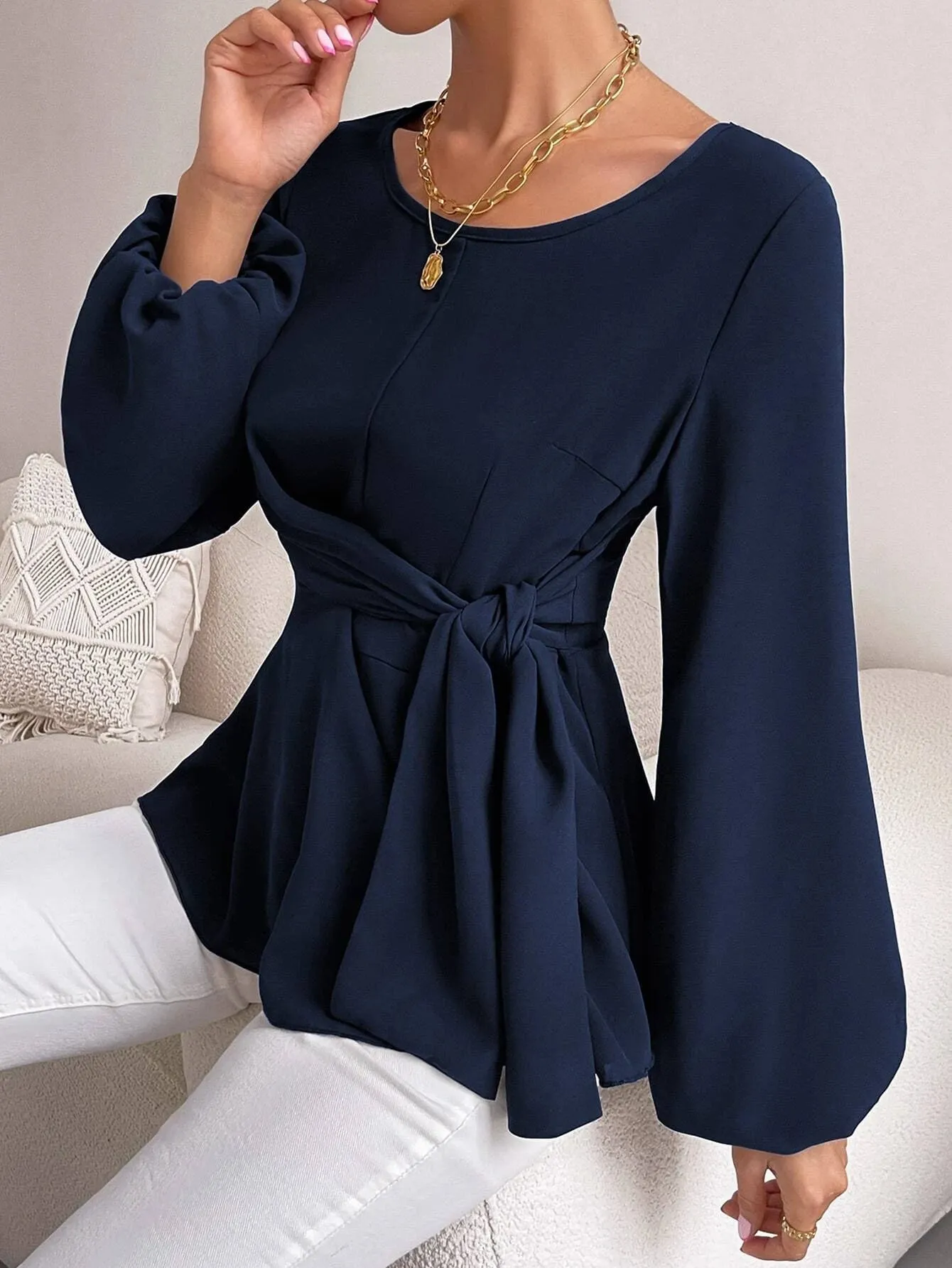 SHEIN Priv̩ Lantern Sleeve Tie Front Peplum Blouse