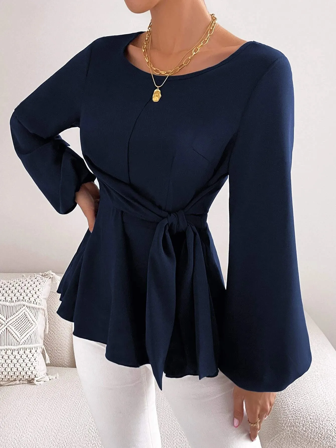 SHEIN Priv̩ Lantern Sleeve Tie Front Peplum Blouse