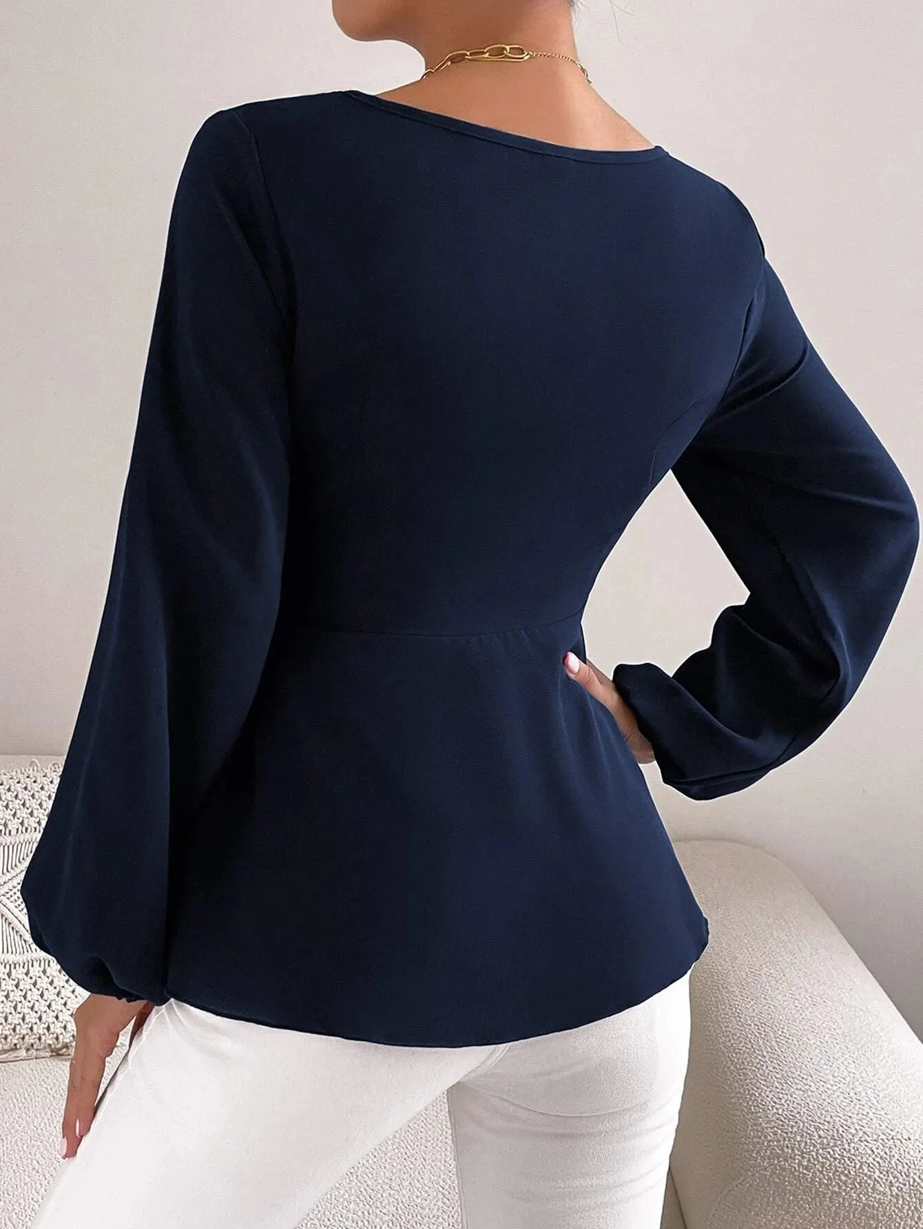 SHEIN Priv̩ Lantern Sleeve Tie Front Peplum Blouse