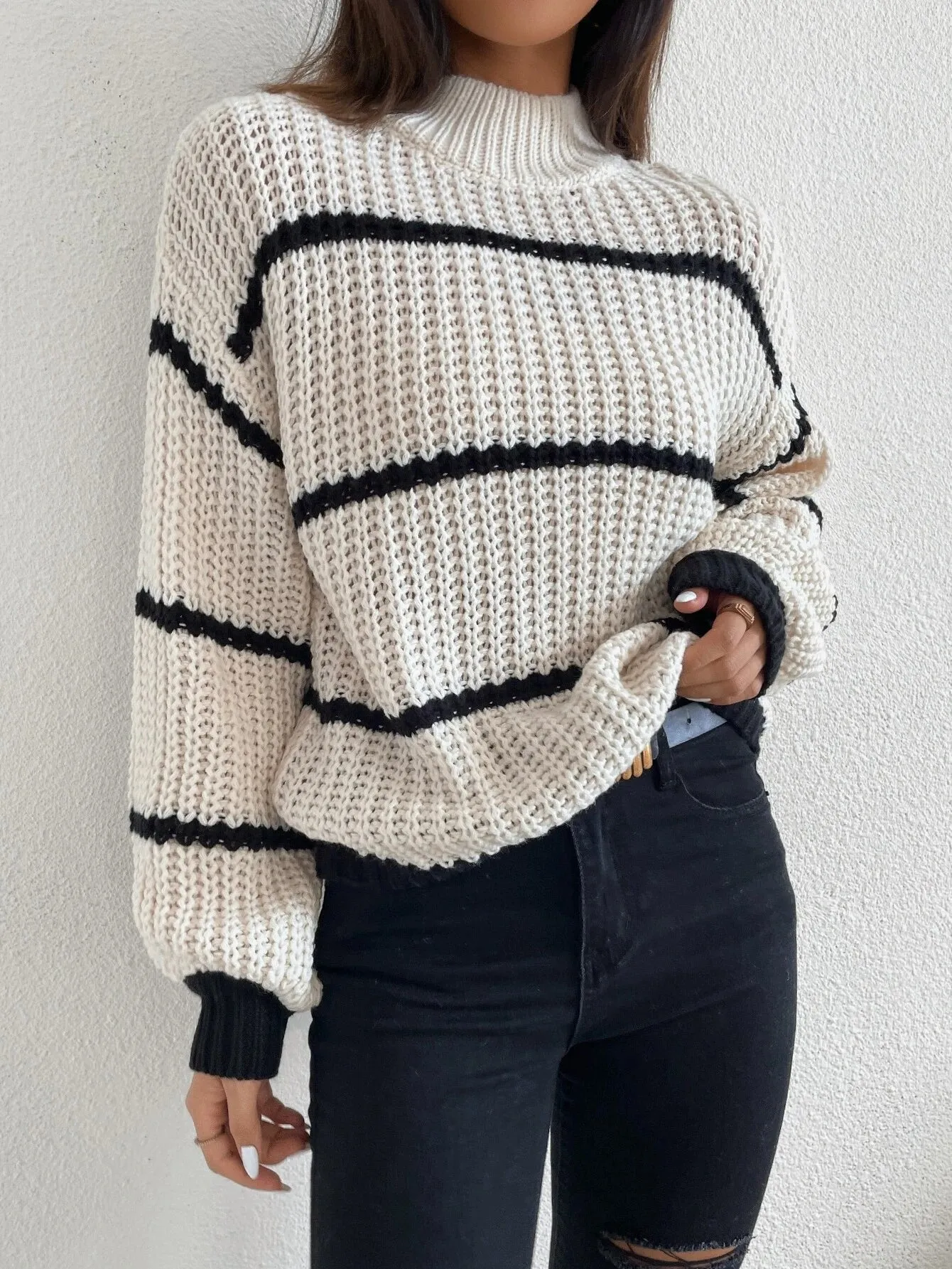 SHEIN Striped Mock Neck Drop Shoulder Sweater