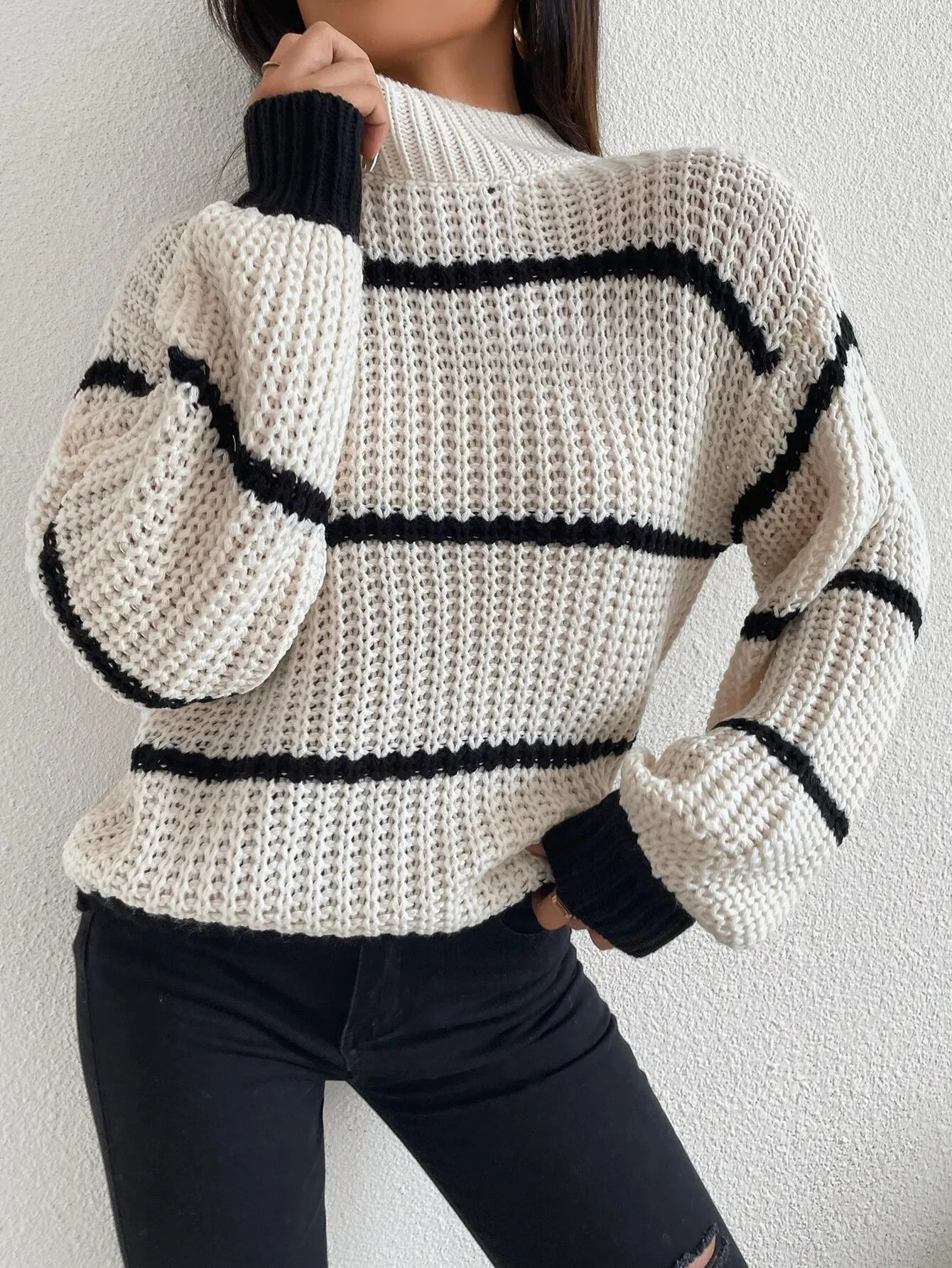 SHEIN Striped Mock Neck Drop Shoulder Sweater