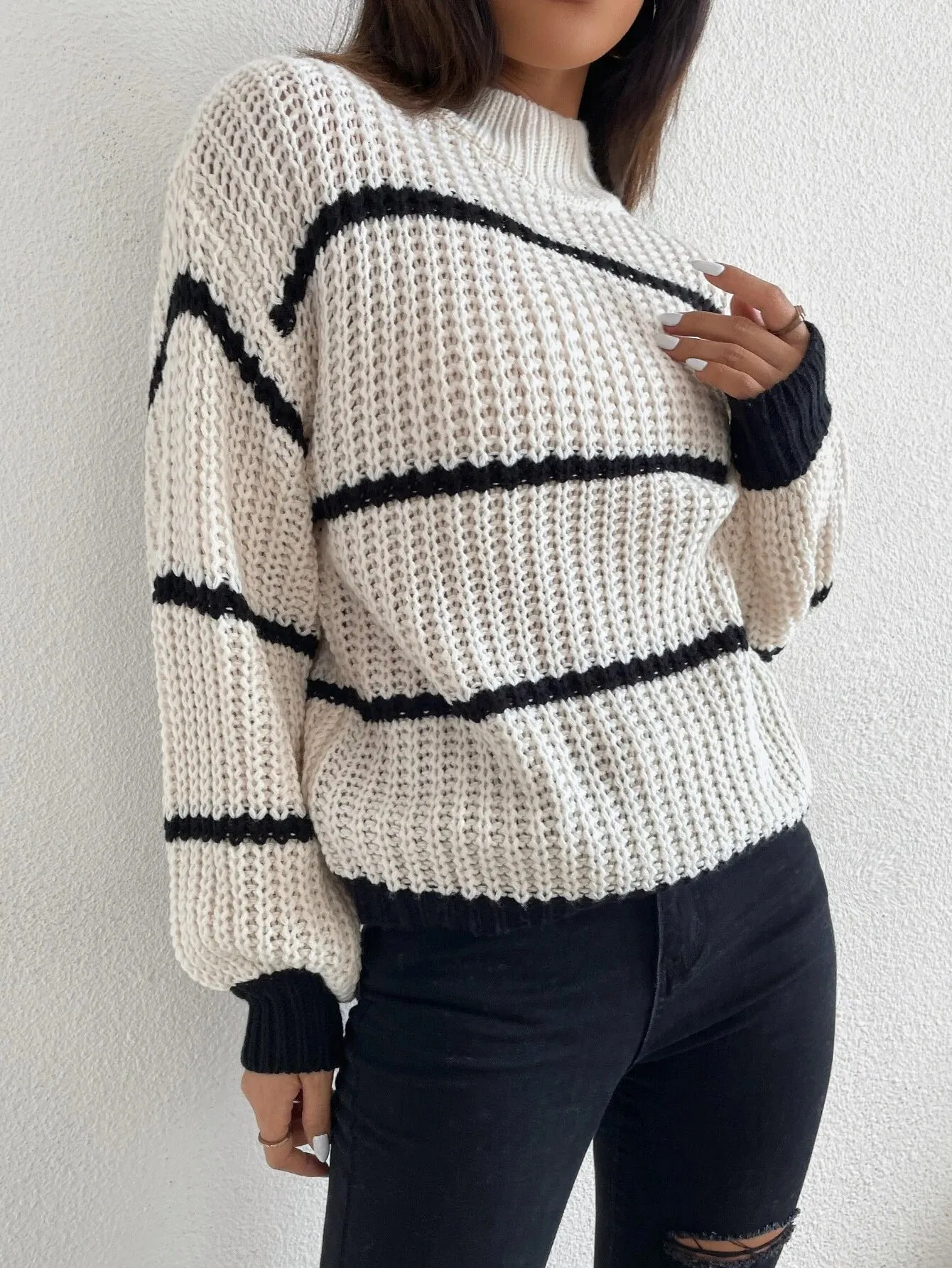 SHEIN Striped Mock Neck Drop Shoulder Sweater