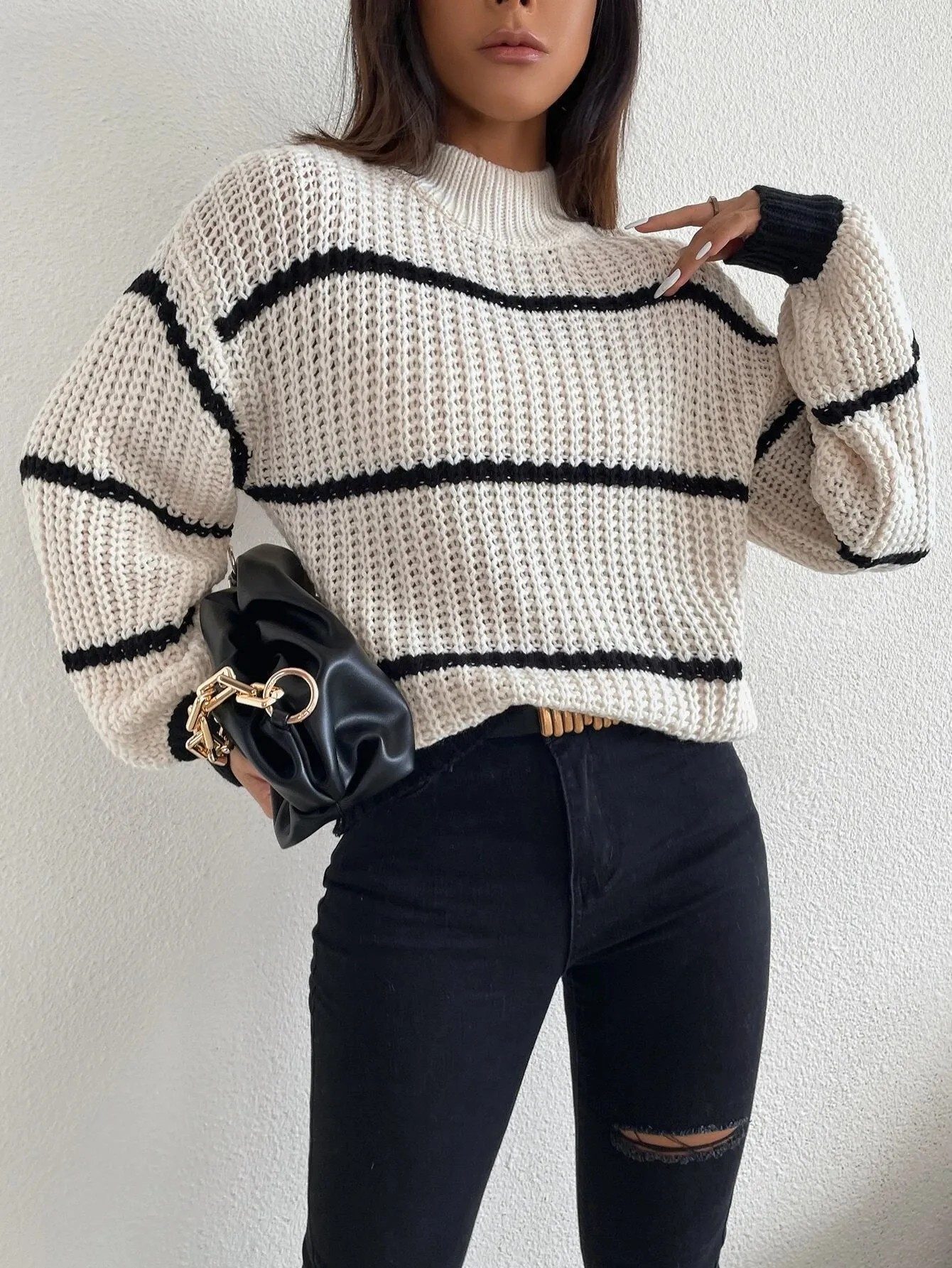 SHEIN Striped Mock Neck Drop Shoulder Sweater