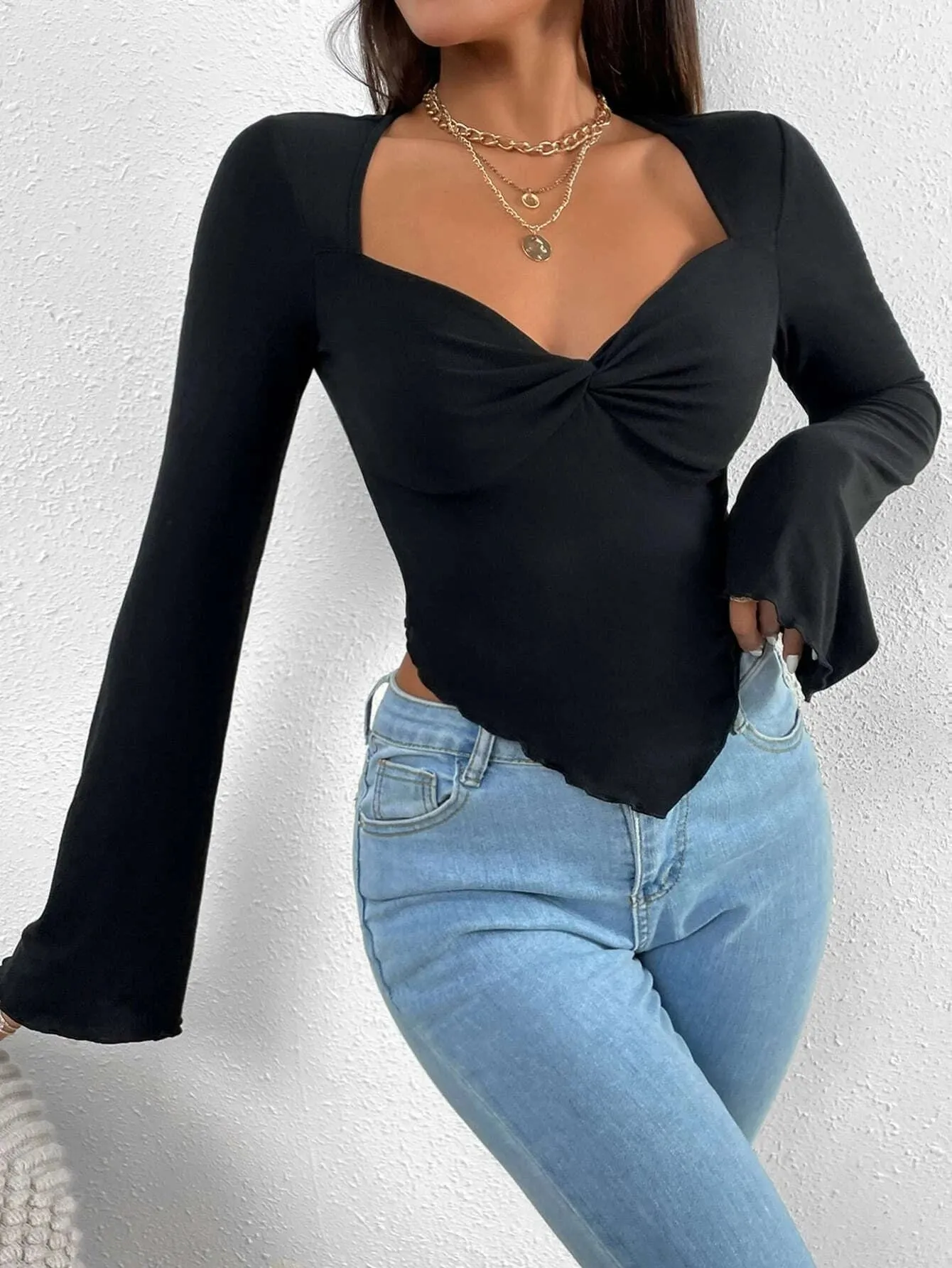 SHEIN Trumpet Sleeve Lettuce Trim Twist Hanky Hem Crop Tee