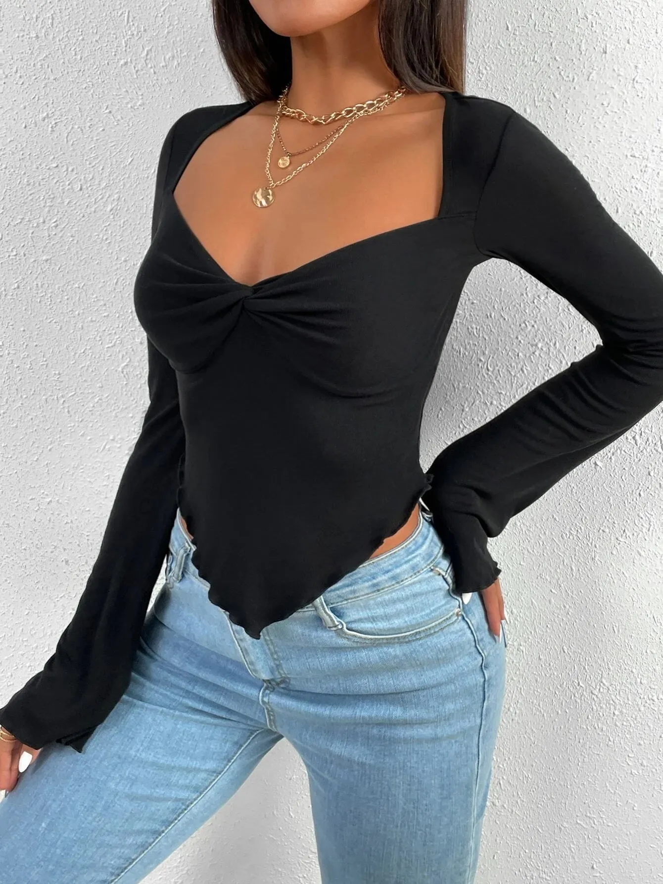 SHEIN Trumpet Sleeve Lettuce Trim Twist Hanky Hem Crop Tee
