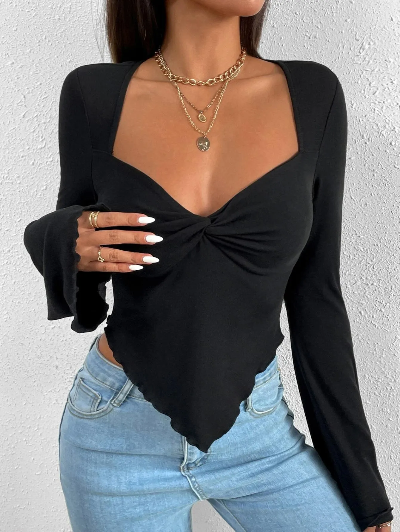 SHEIN Trumpet Sleeve Lettuce Trim Twist Hanky Hem Crop Tee