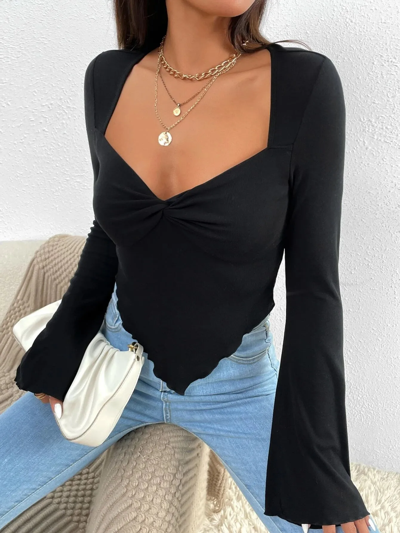 SHEIN Trumpet Sleeve Lettuce Trim Twist Hanky Hem Crop Tee