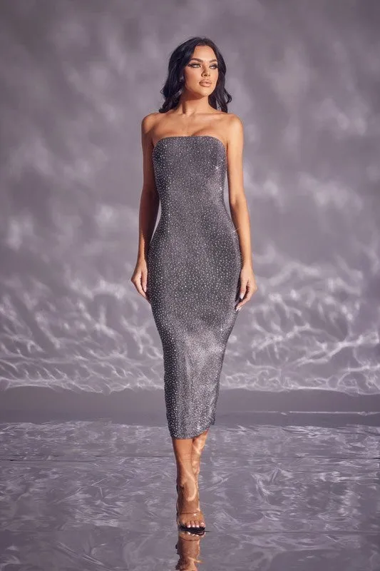 Silver Metallic Rhinestone Midi Party Dress