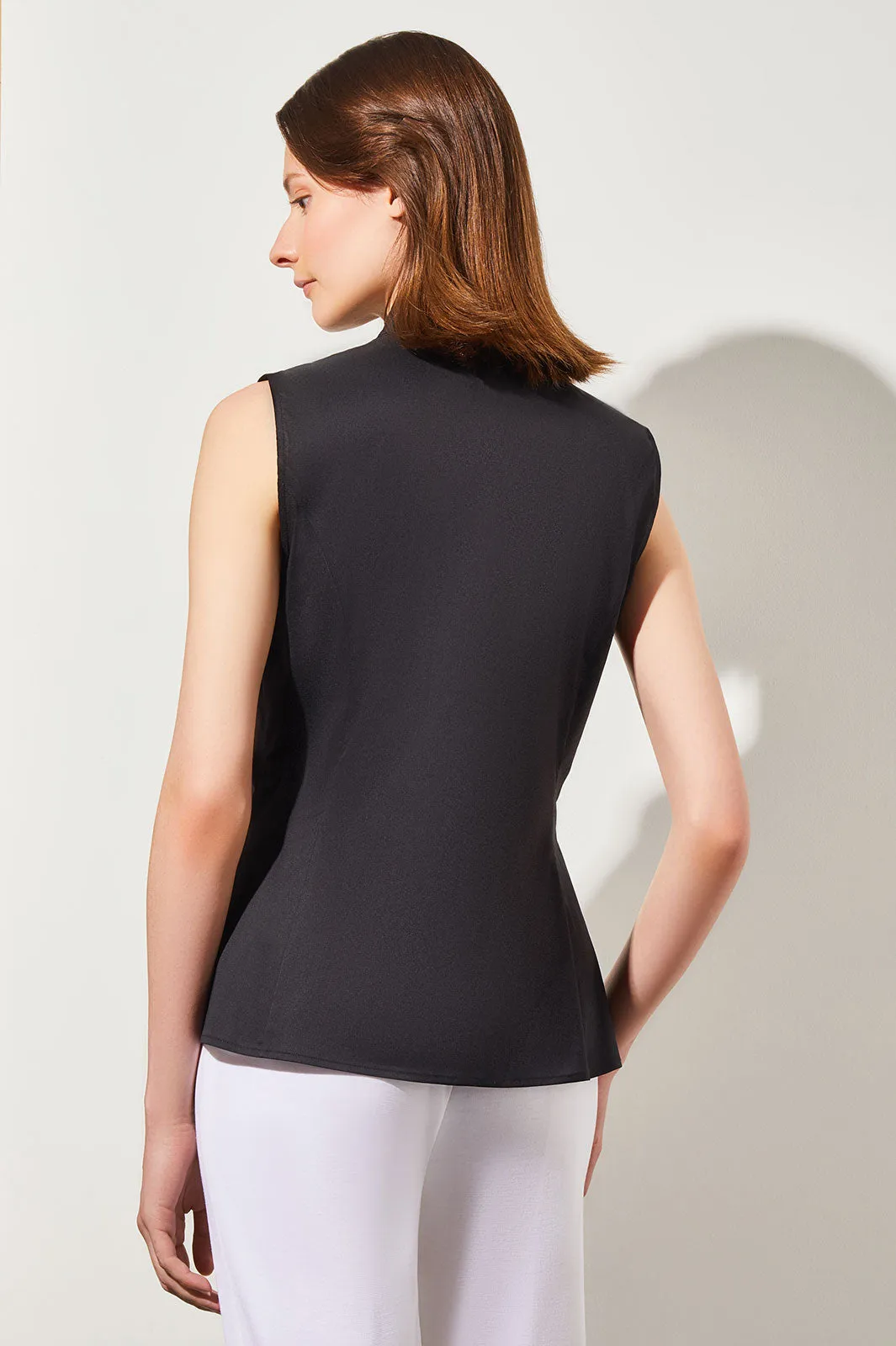 Sleeveless Zip-Up Stretch Cotton Shirt, Black