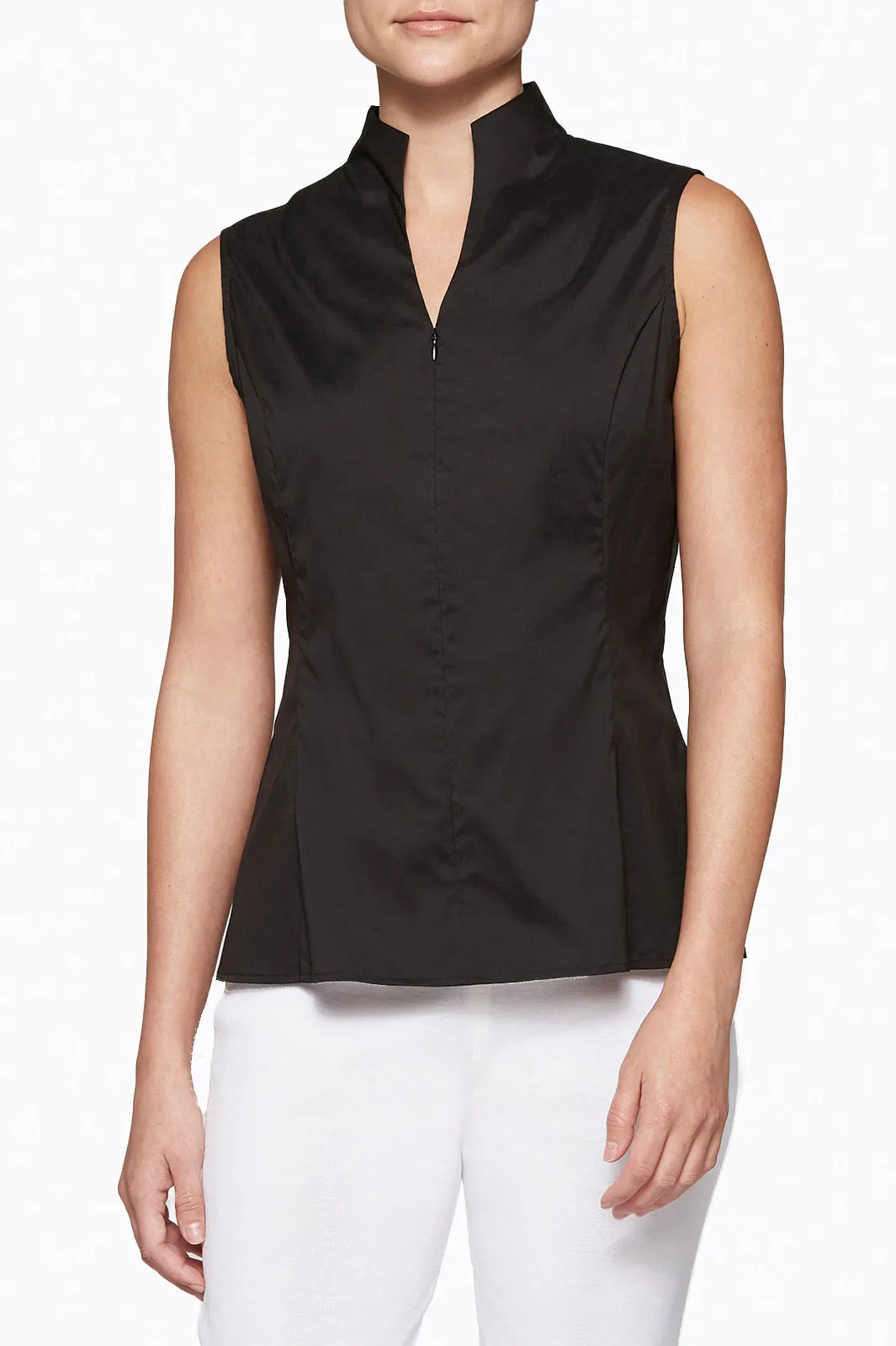 Sleeveless Zip-Up Stretch Cotton Shirt, Black