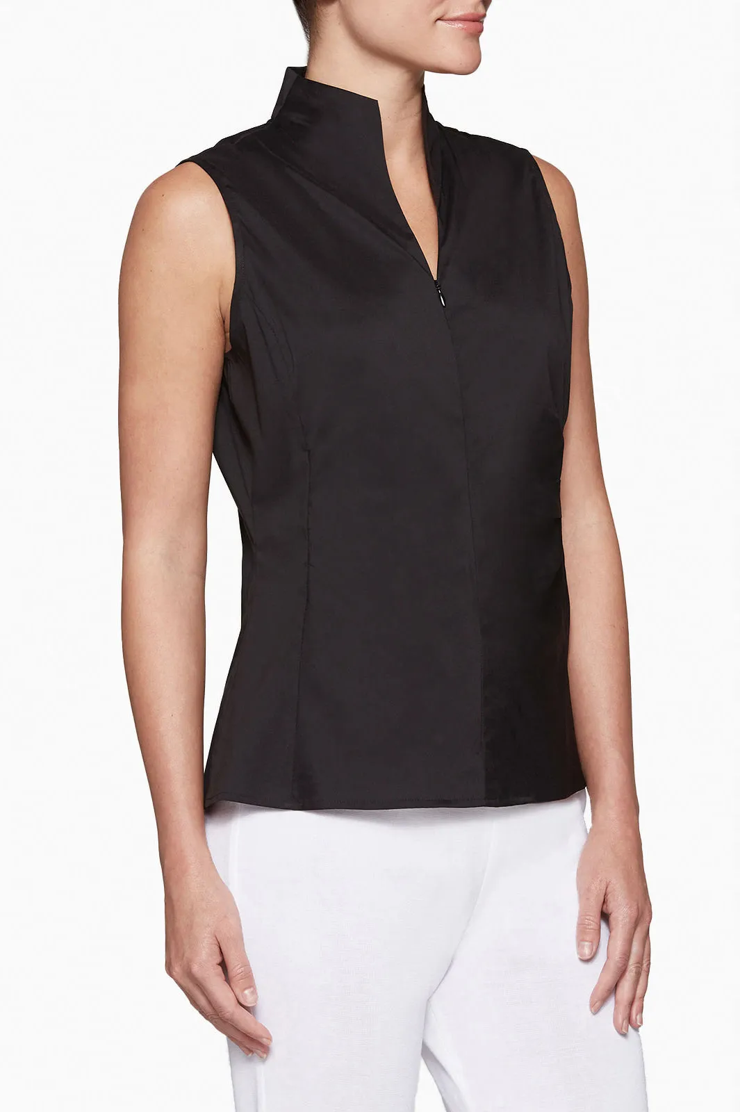 Sleeveless Zip-Up Stretch Cotton Shirt, Black