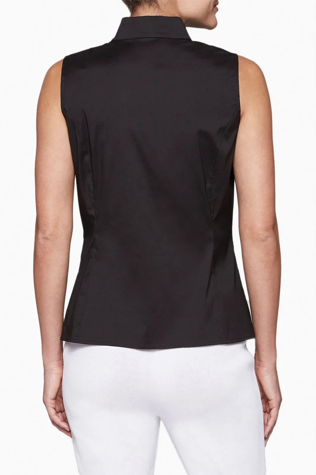 Sleeveless Zip-Up Stretch Cotton Shirt, Black