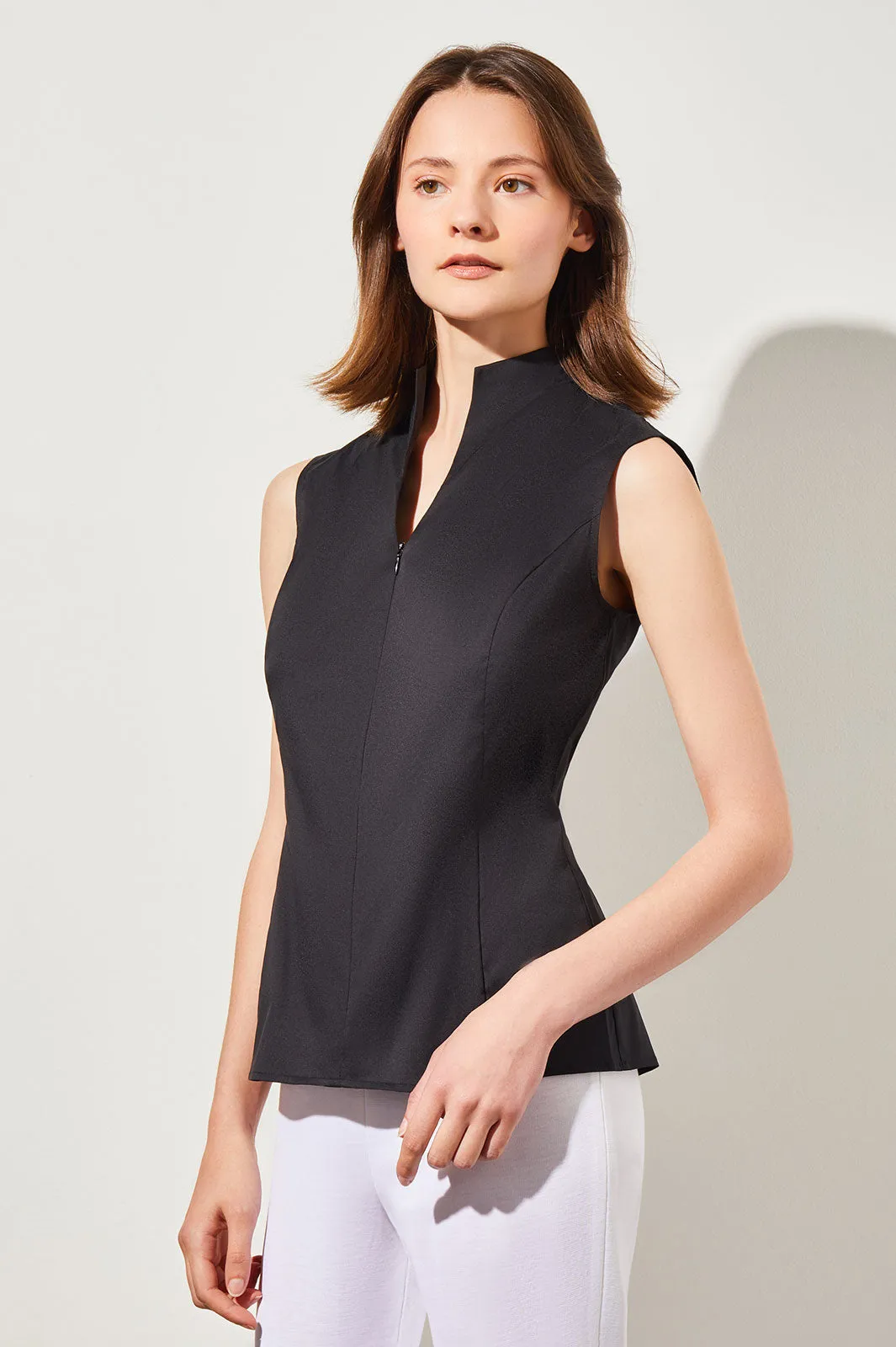 Sleeveless Zip-Up Stretch Cotton Shirt, Black