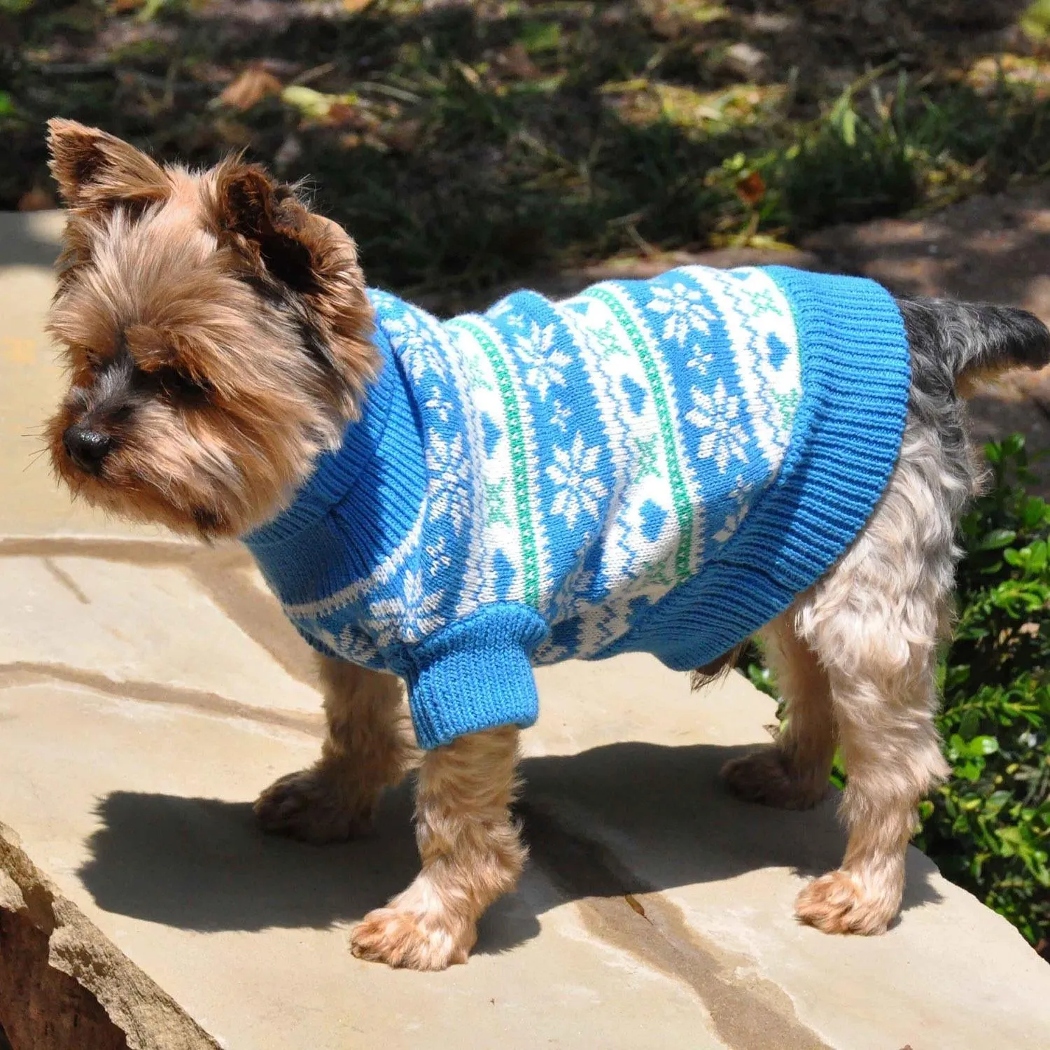 Snowflake and Hearts Combed Cotton Dog Sweater - Blue