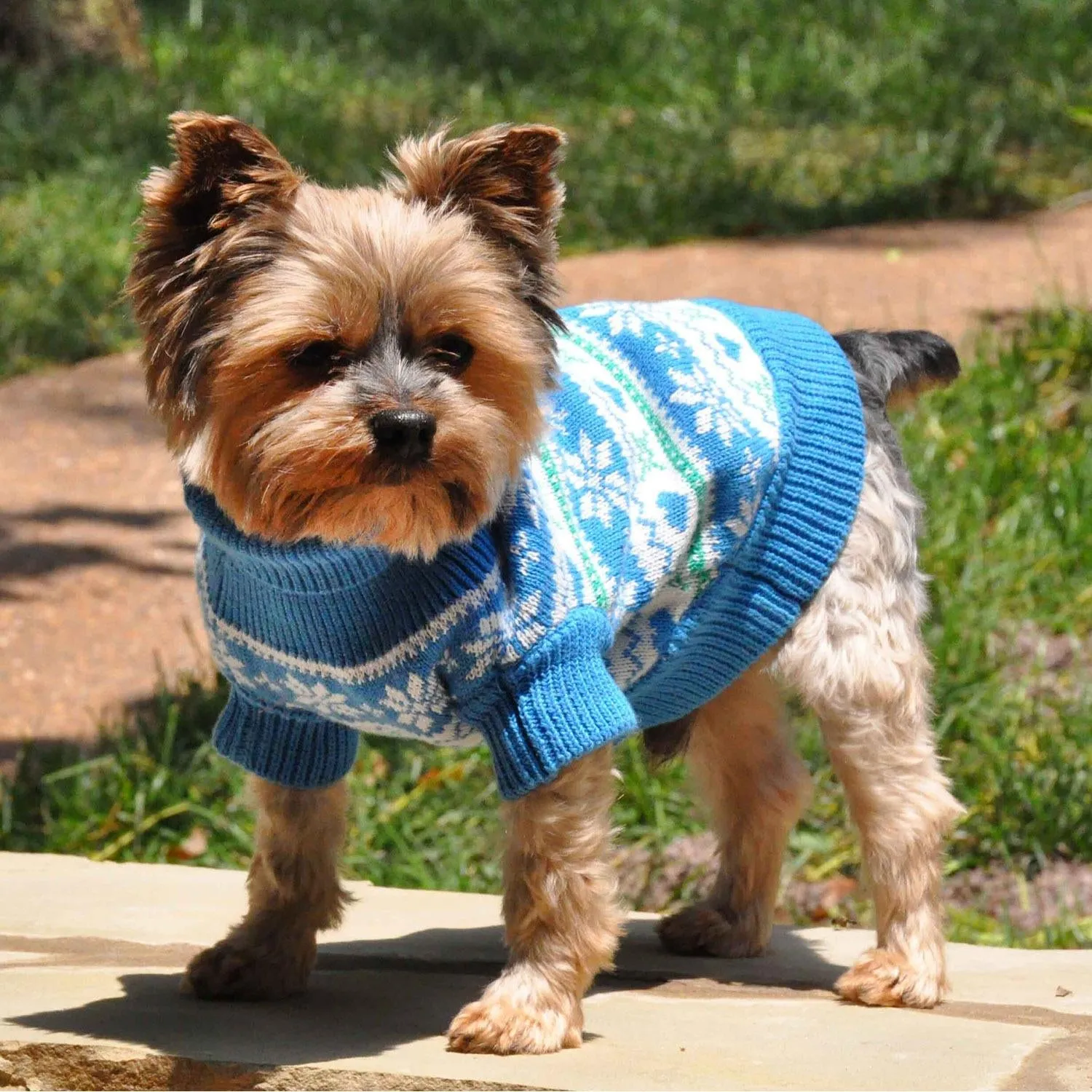 Snowflake and Hearts Combed Cotton Dog Sweater - Blue