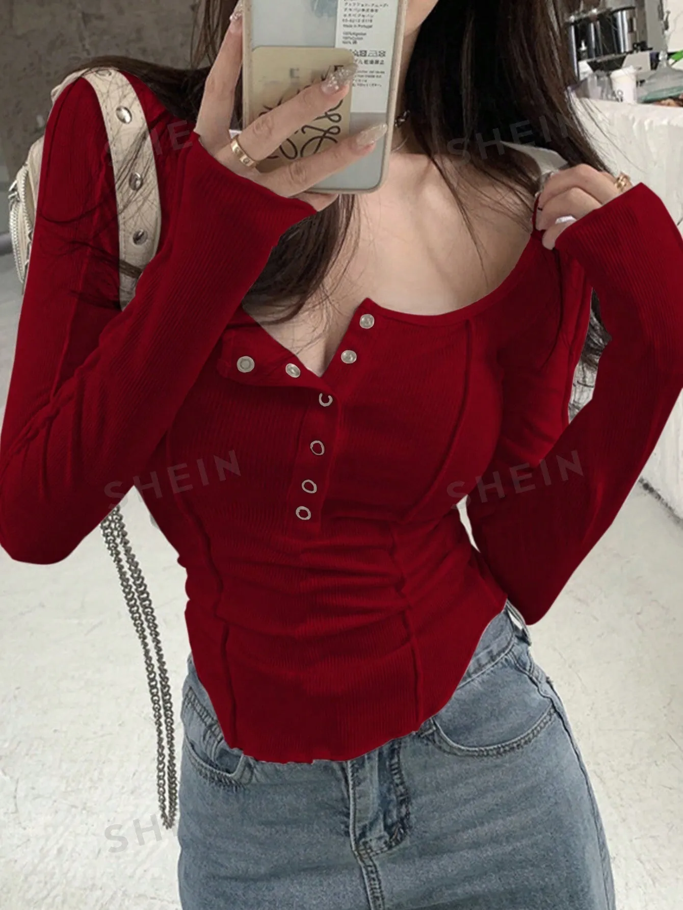 Solid Button Front Curved Hem Tee