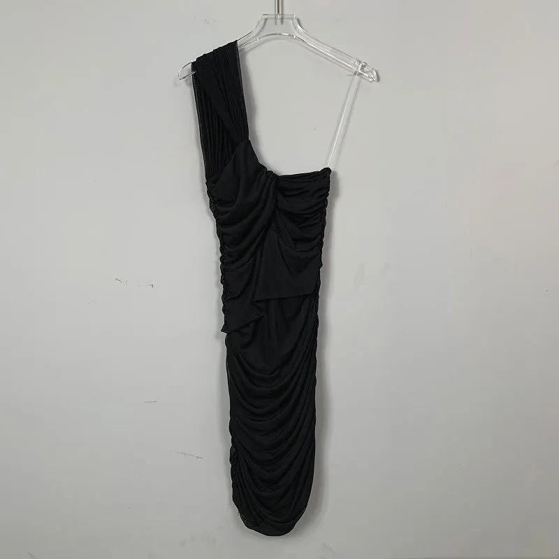 Spring/Summer New Off-shoulder Irregular Pleated Bodycon Dress