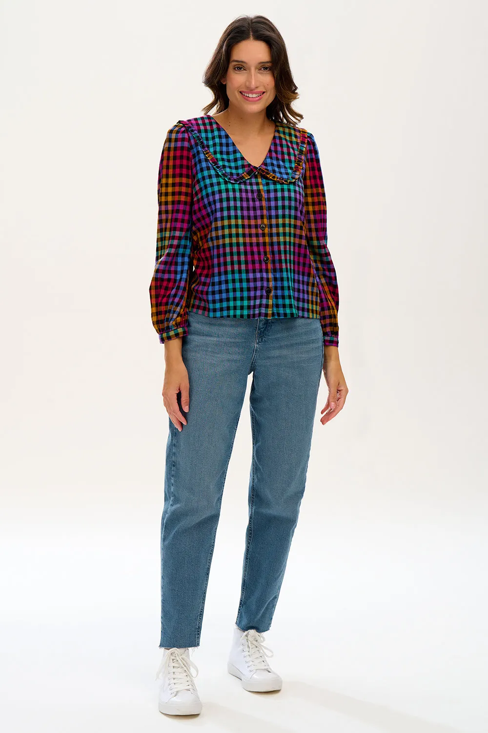Sugarhill Eliza Frill Blouse - Multi, Dark Gingham