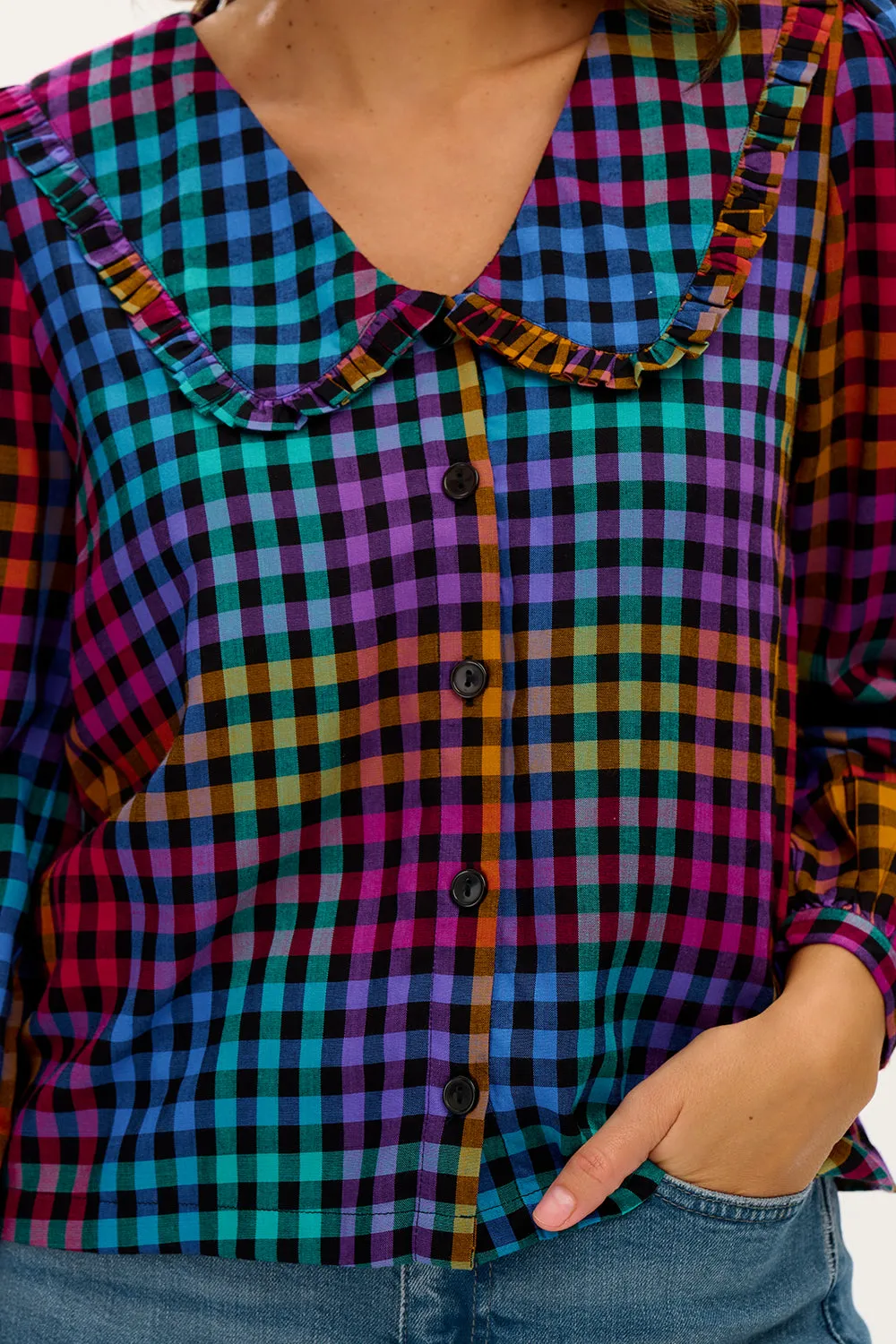 Sugarhill Eliza Frill Blouse - Multi, Dark Gingham