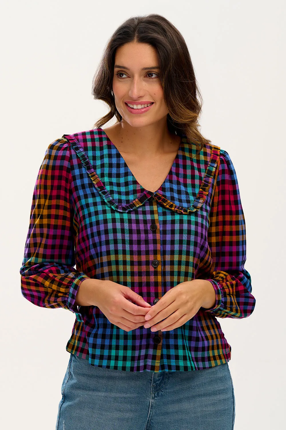 Sugarhill Eliza Frill Blouse - Multi, Dark Gingham
