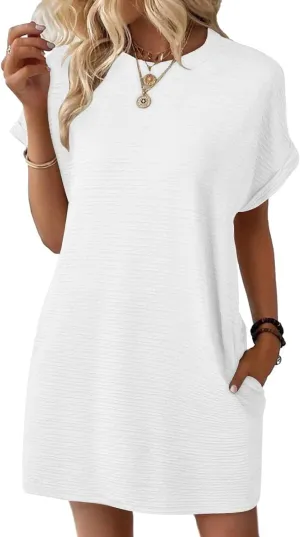 Summer Dresses for Women Plus Size Trendy Loose Fit Textured Chiffon Mini Dress Fashion Short Sleeve Round Neck Dress