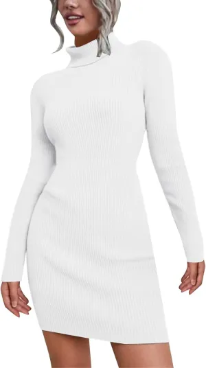 Sweater Dress for Women 2024 Trendy, Turtleneck Long Sleeve Ribbed Knit Bodycon Mini Dress Slim Fit Short Dress