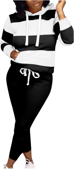 Sweatsuits for Women Set 2 Piece Color Block Oversized String Hoodies and Sweatpants with Pockets Workout Tracksuits Outfits