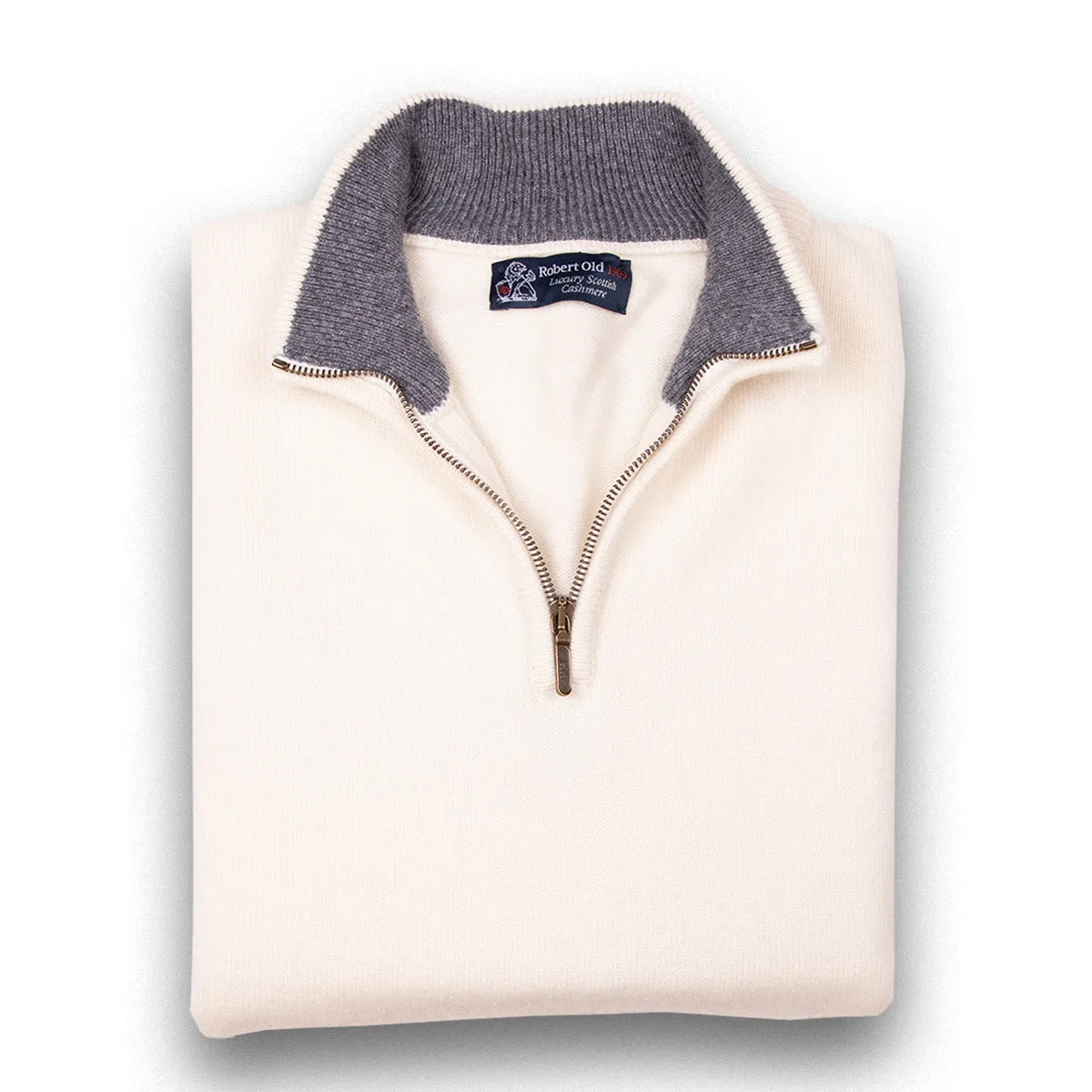 The Bowmore 1/4 Zip Neck Cashmere Sweater - White Undyed / Smog