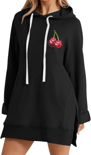 The Warmy Oversized Hoodie Dress Women Casual Cherry Print Long Sleeve Warmy Hoodie Split Hem Hoodies with Pocket