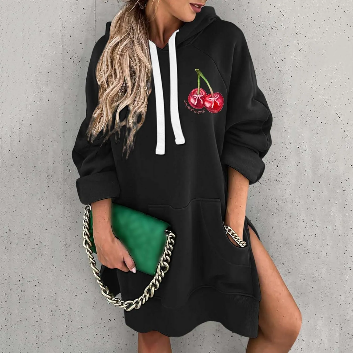 The Warmy Oversized Hoodie Dress Women Casual Cherry Print Long Sleeve Warmy Hoodie Split Hem Hoodies with Pocket
